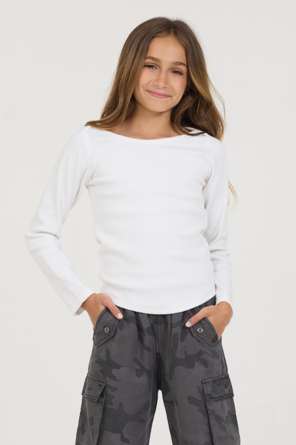 Kids White Boatneck Ribbed Tee