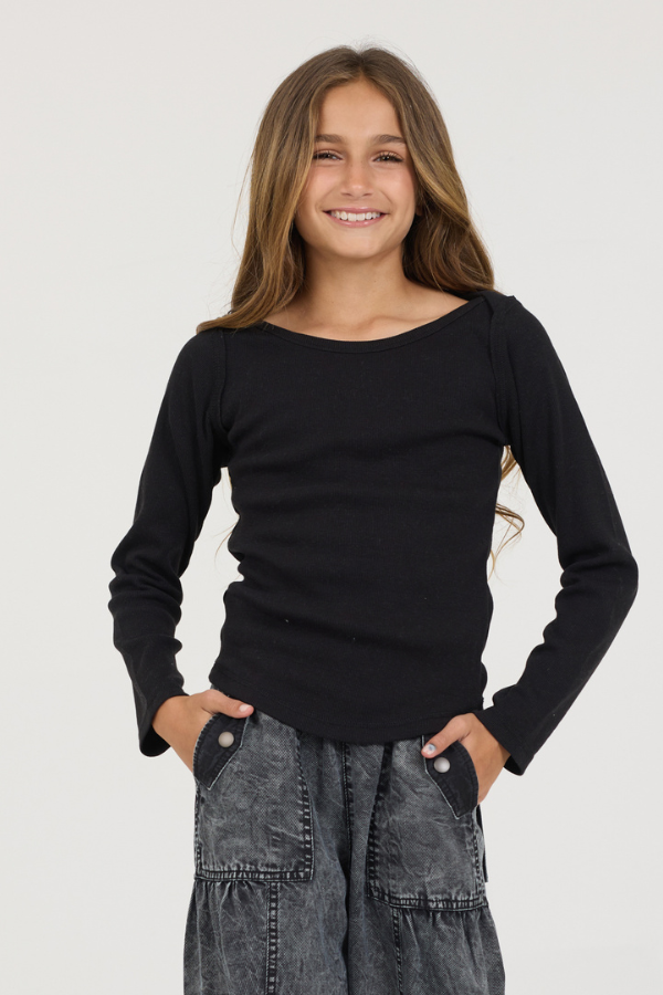 Kids Black Boatneck Ribbed Tee