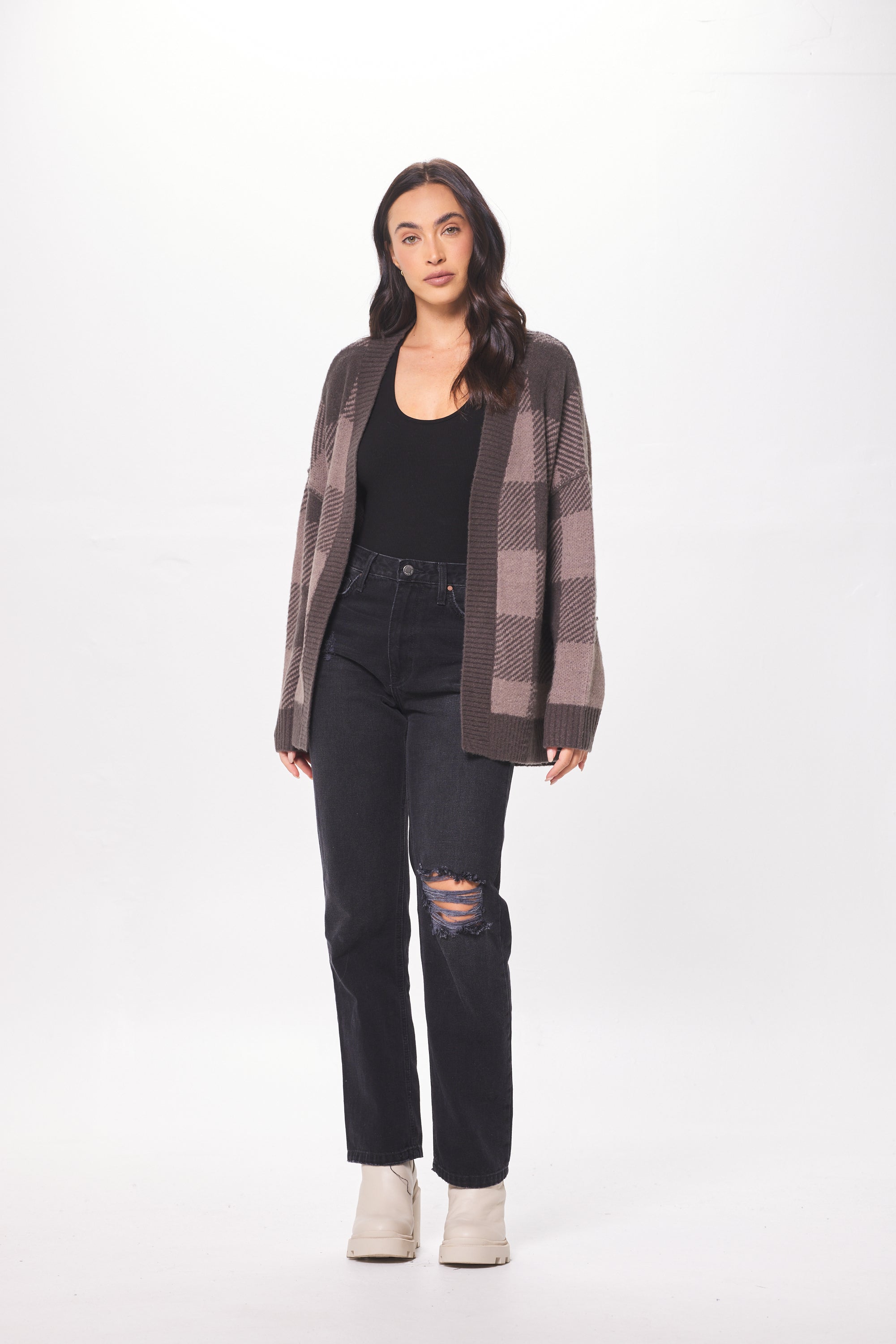 Taupe Checker Plaid Soft Knit Cardigan