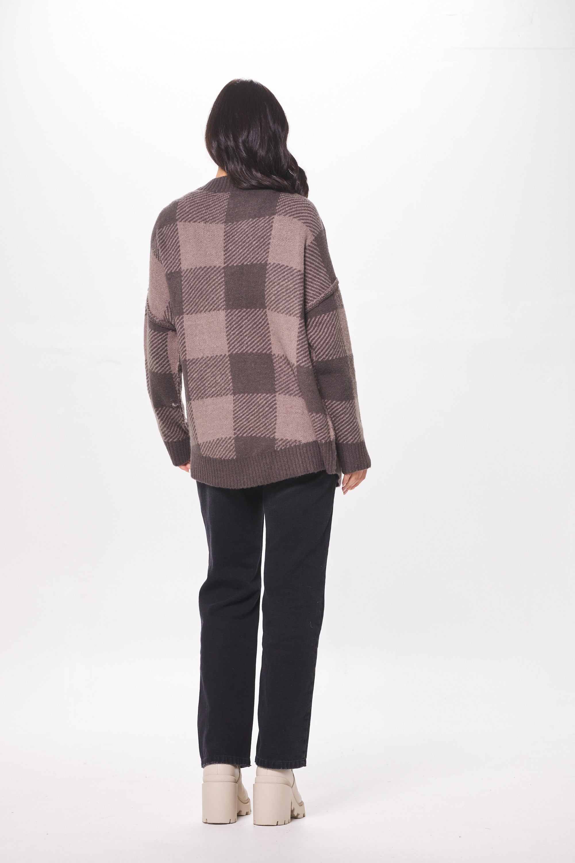 Taupe Checker Plaid Soft Knit Cardigan