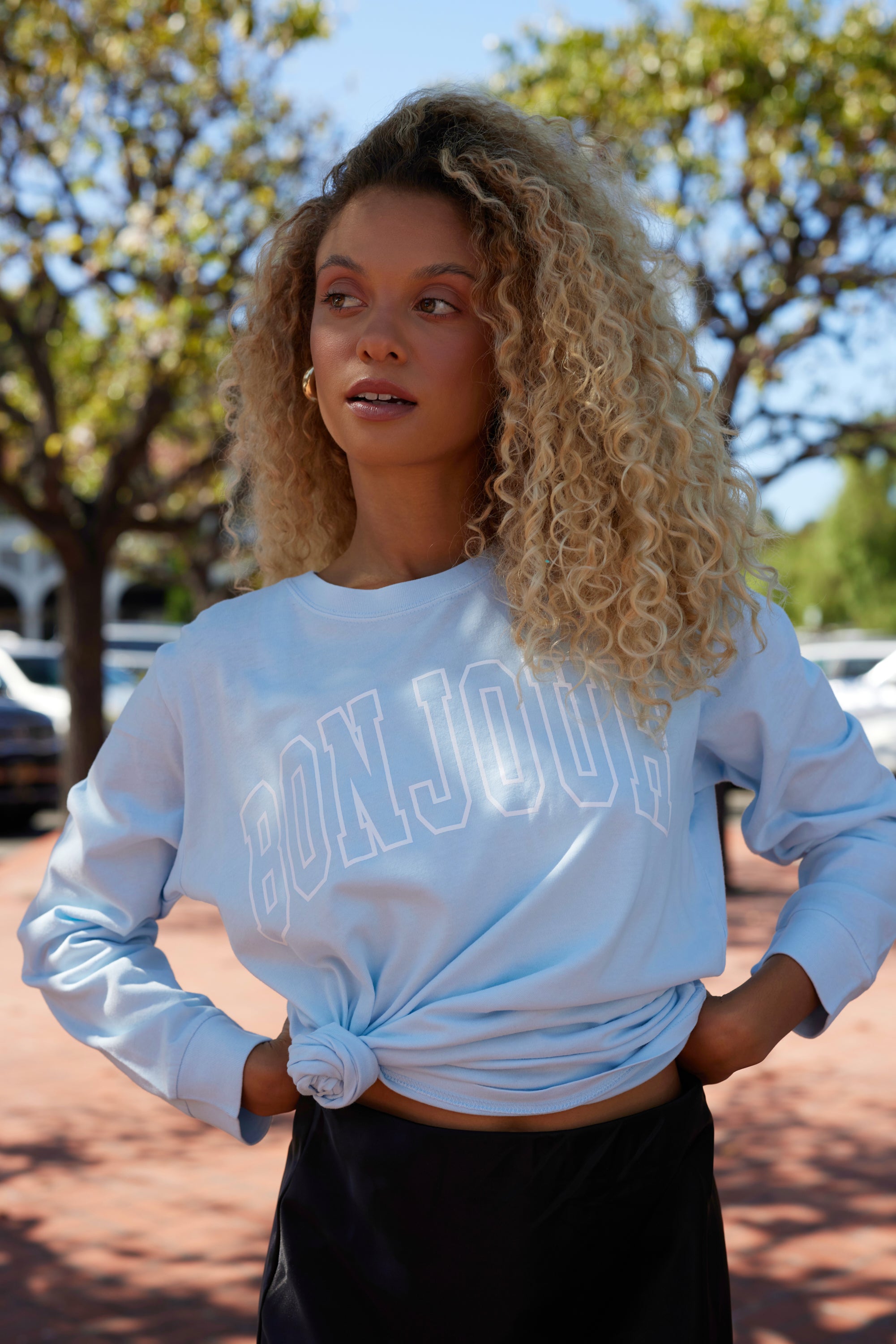 Sky Blue "Bonjour" Pigment Dyed Long Sleeve Tee