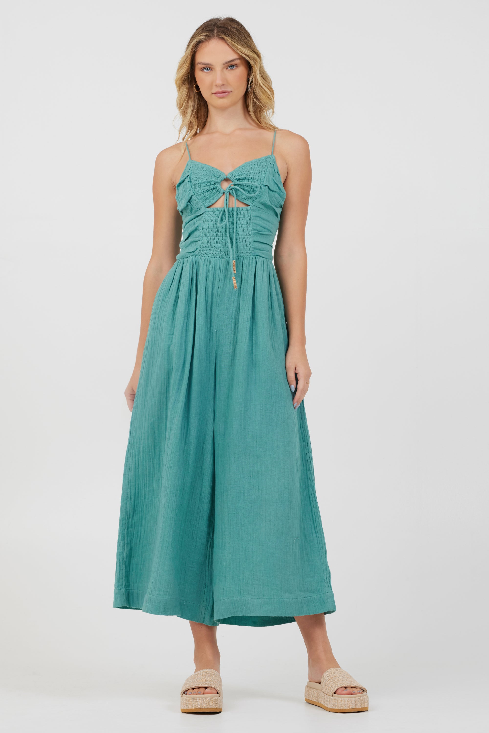 Army Green Lightweight Tie Front Jumpsuit