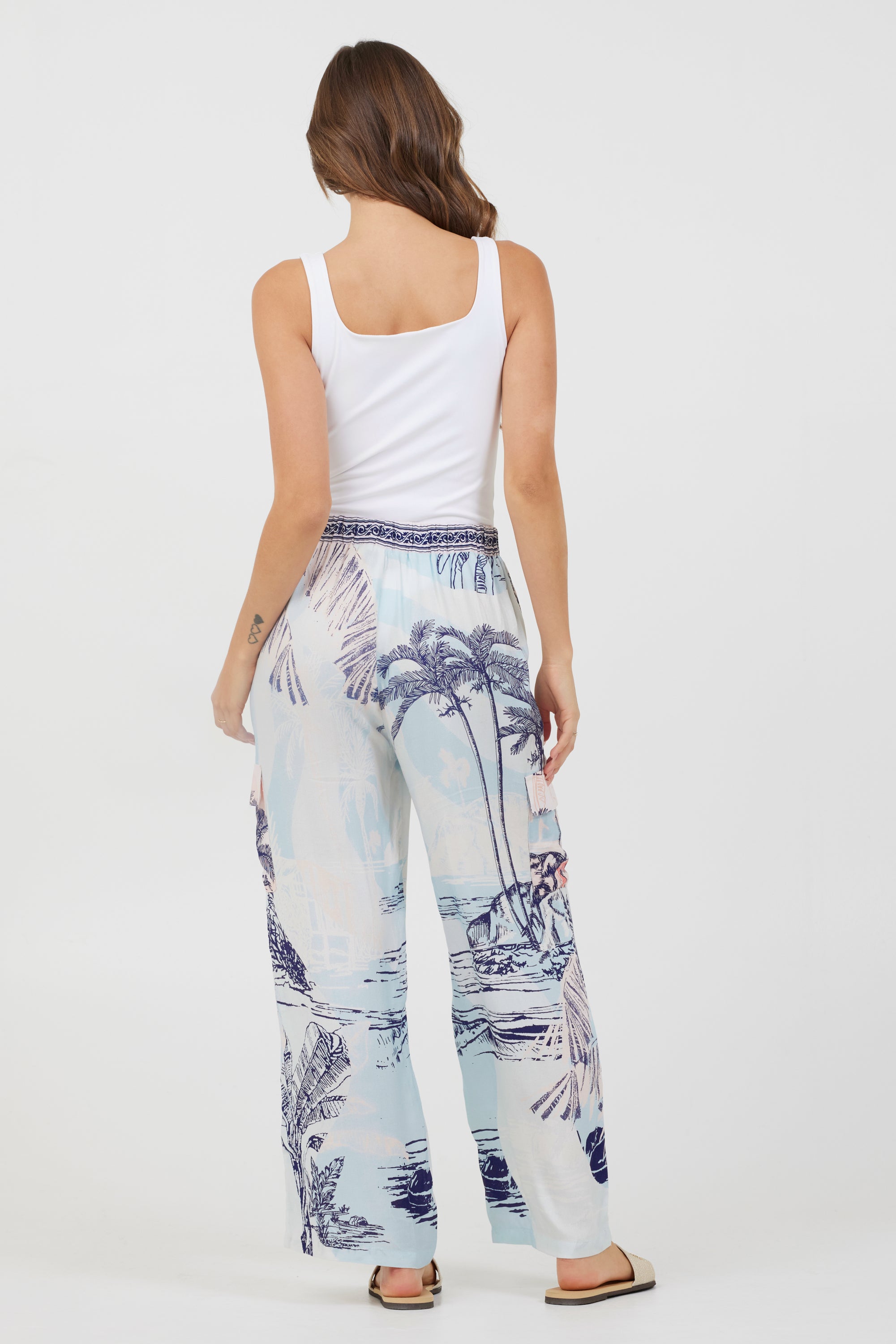 Blue & Pink Scenic Print Placement Pants