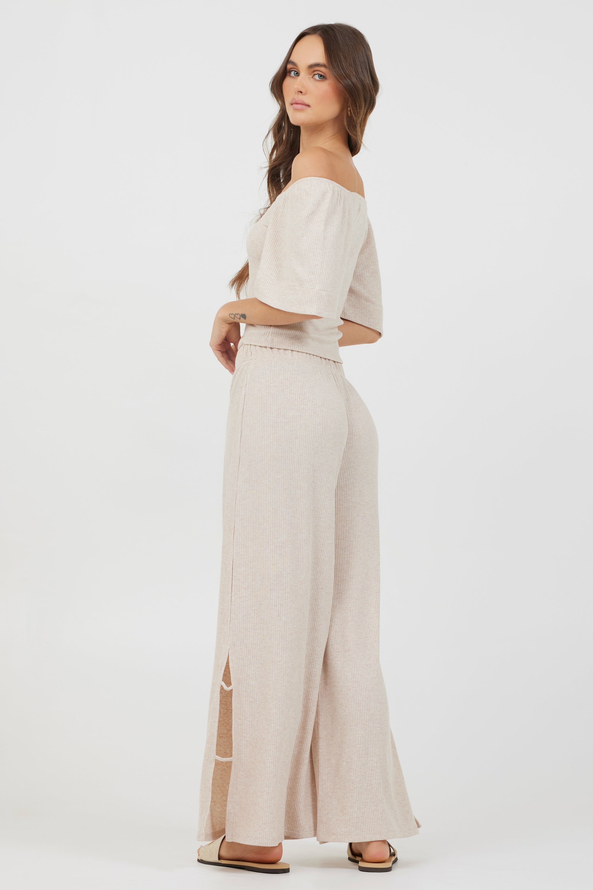 Heather Oatmeal Drapey Knit Cut Out Pants