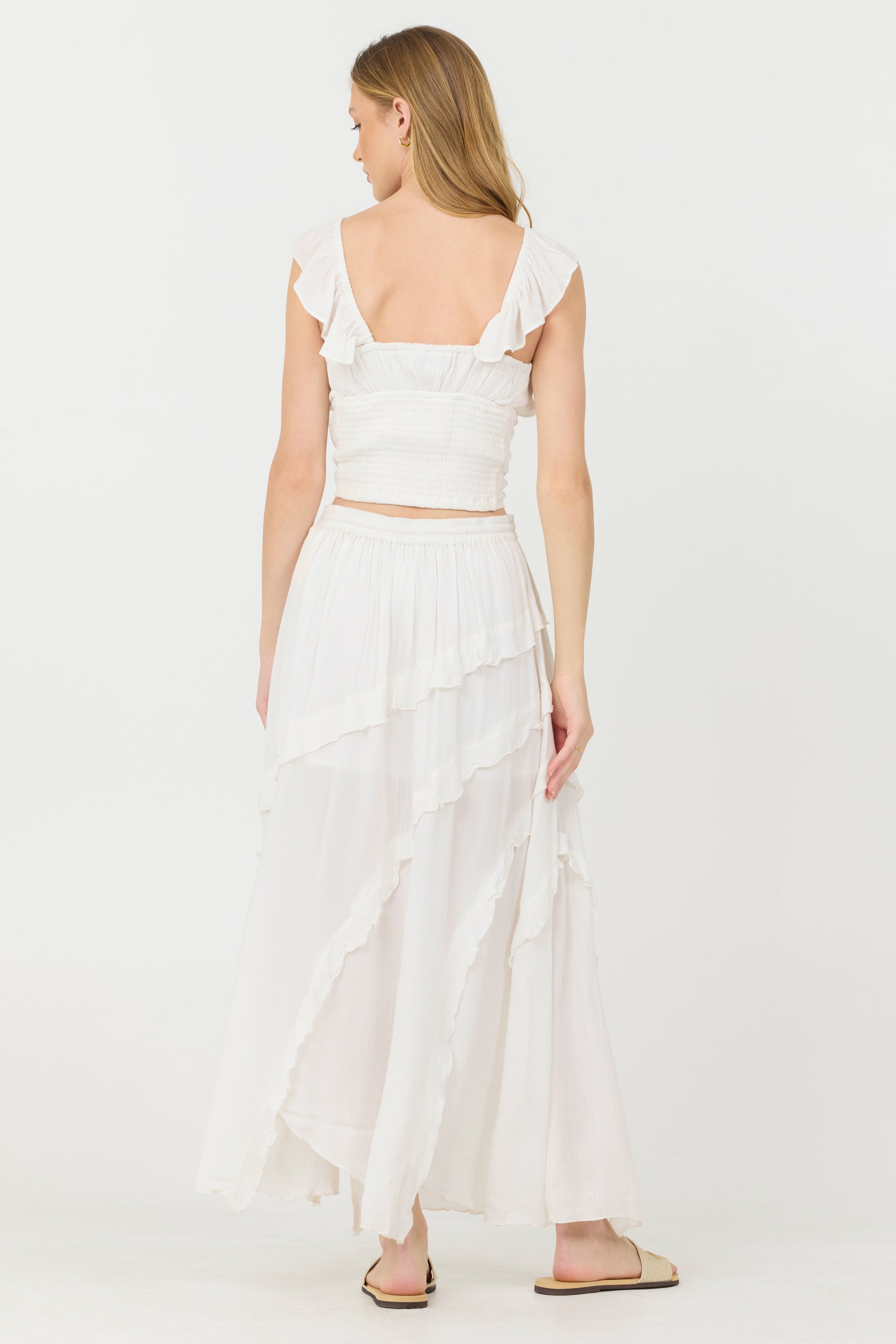 Clean White Rayon Crinkle Ruffle Maxi Skirt