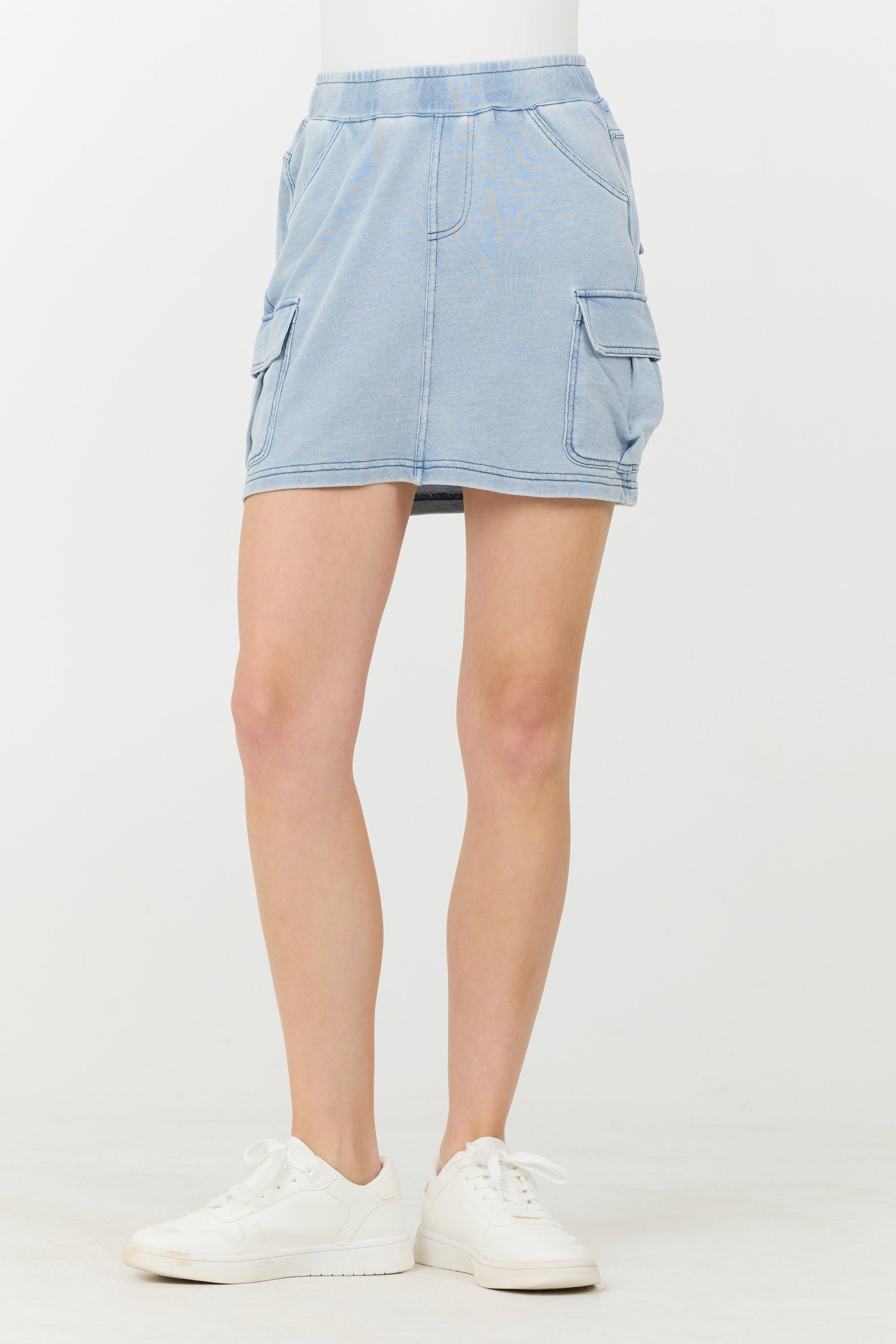 Washed Denim Terry Fleece Cargo Skirt