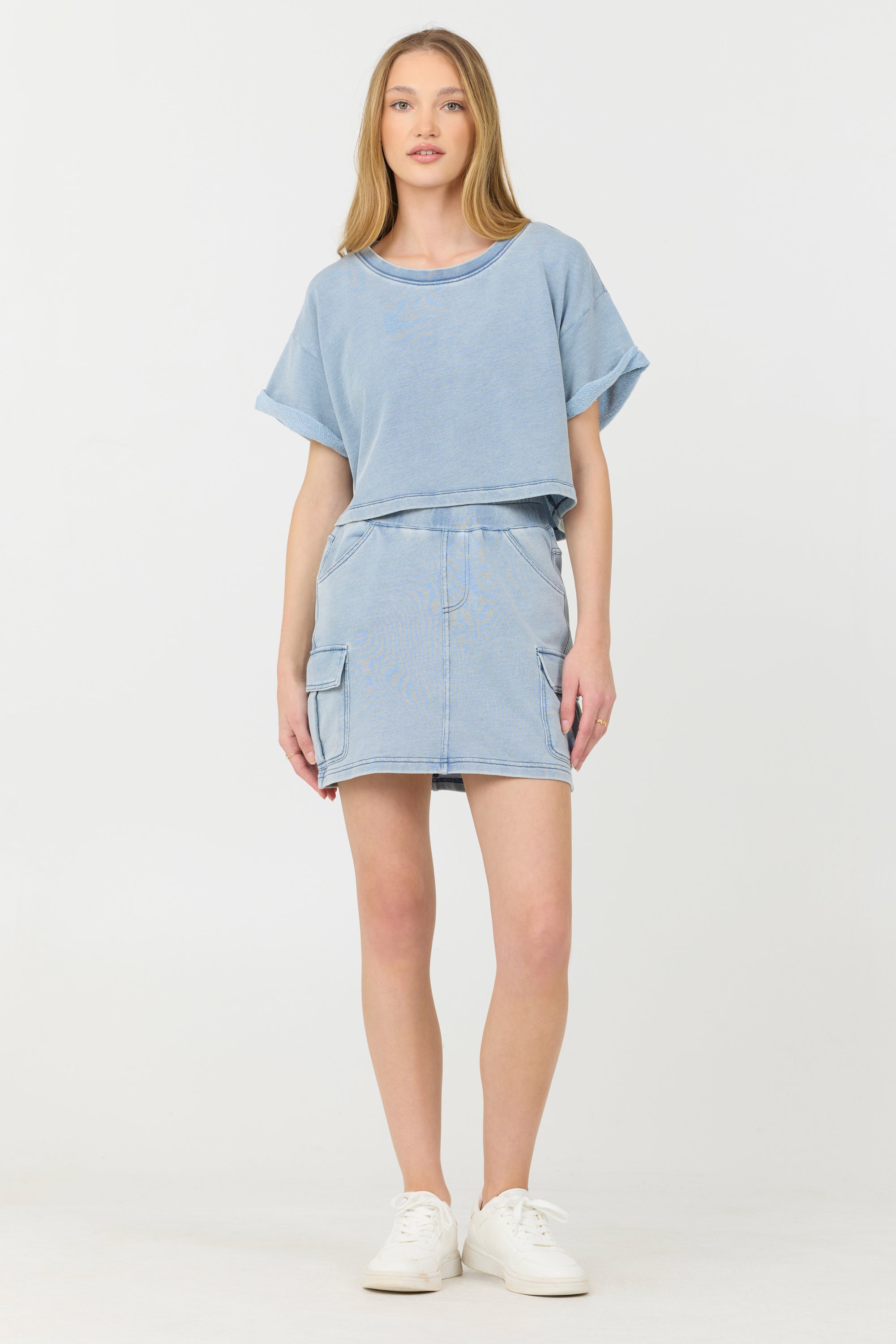 Washed Denim Terry Fleece Cargo Skirt