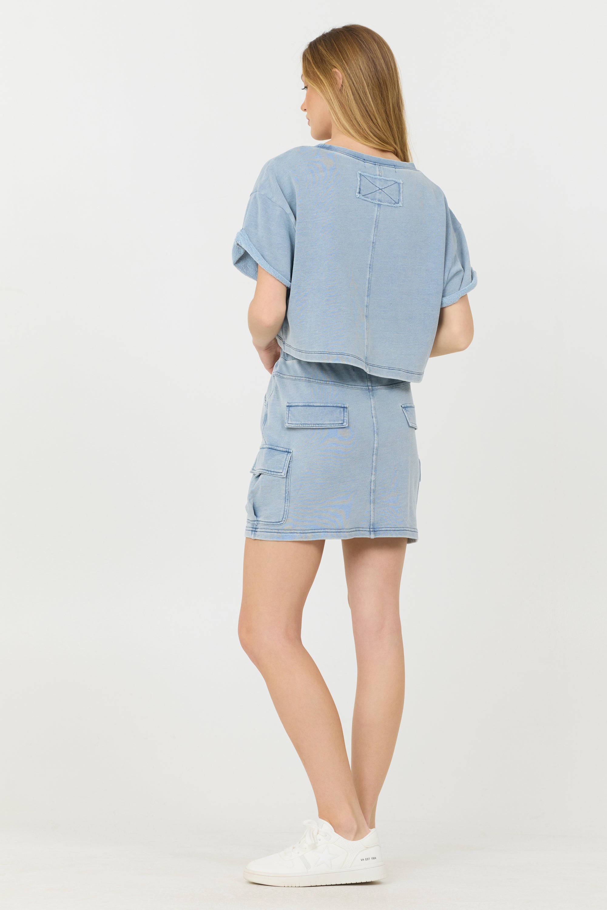 Washed Denim Terry Fleece Cargo Skirt