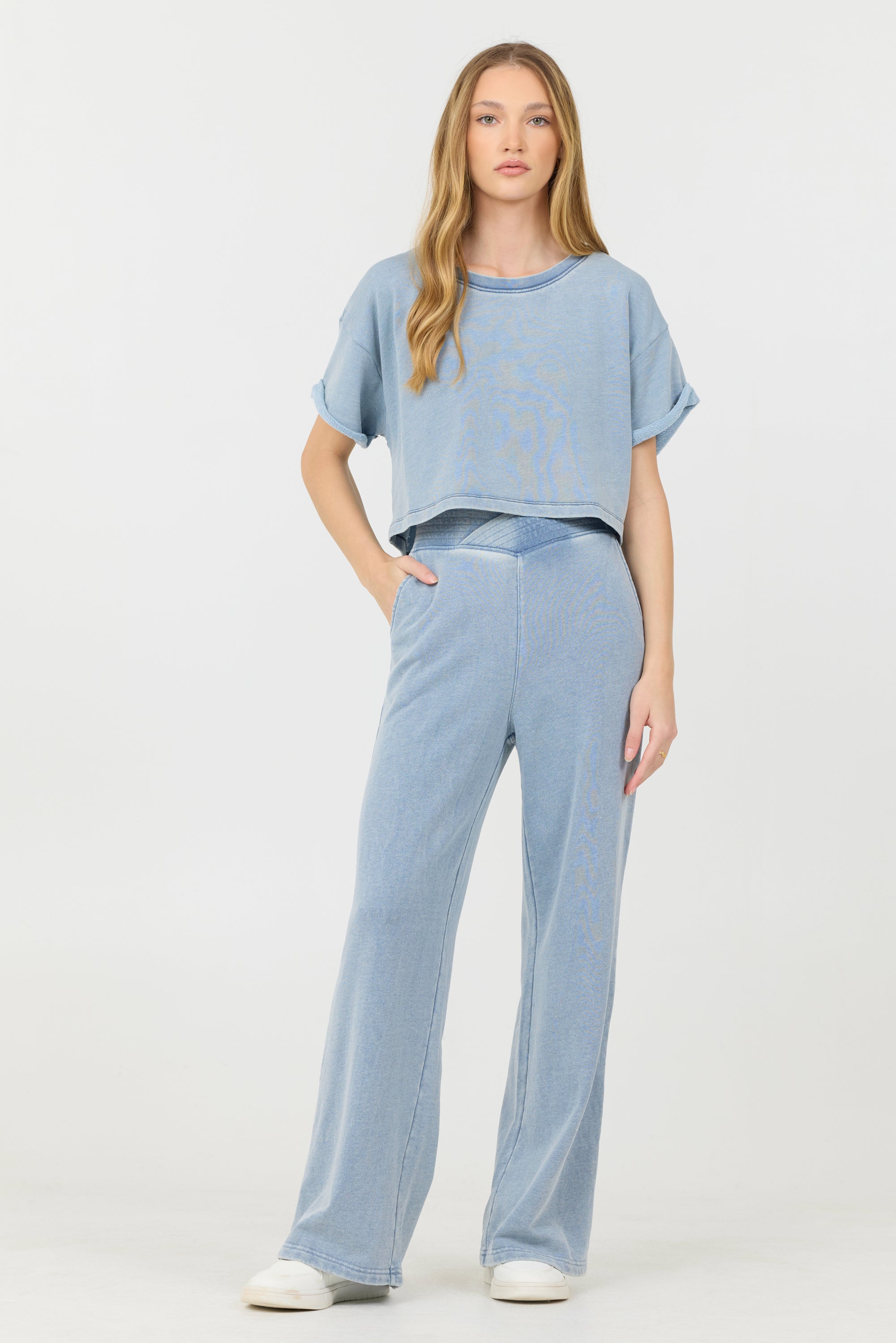 Washed Denim Terry Fleece Cropped Shirt