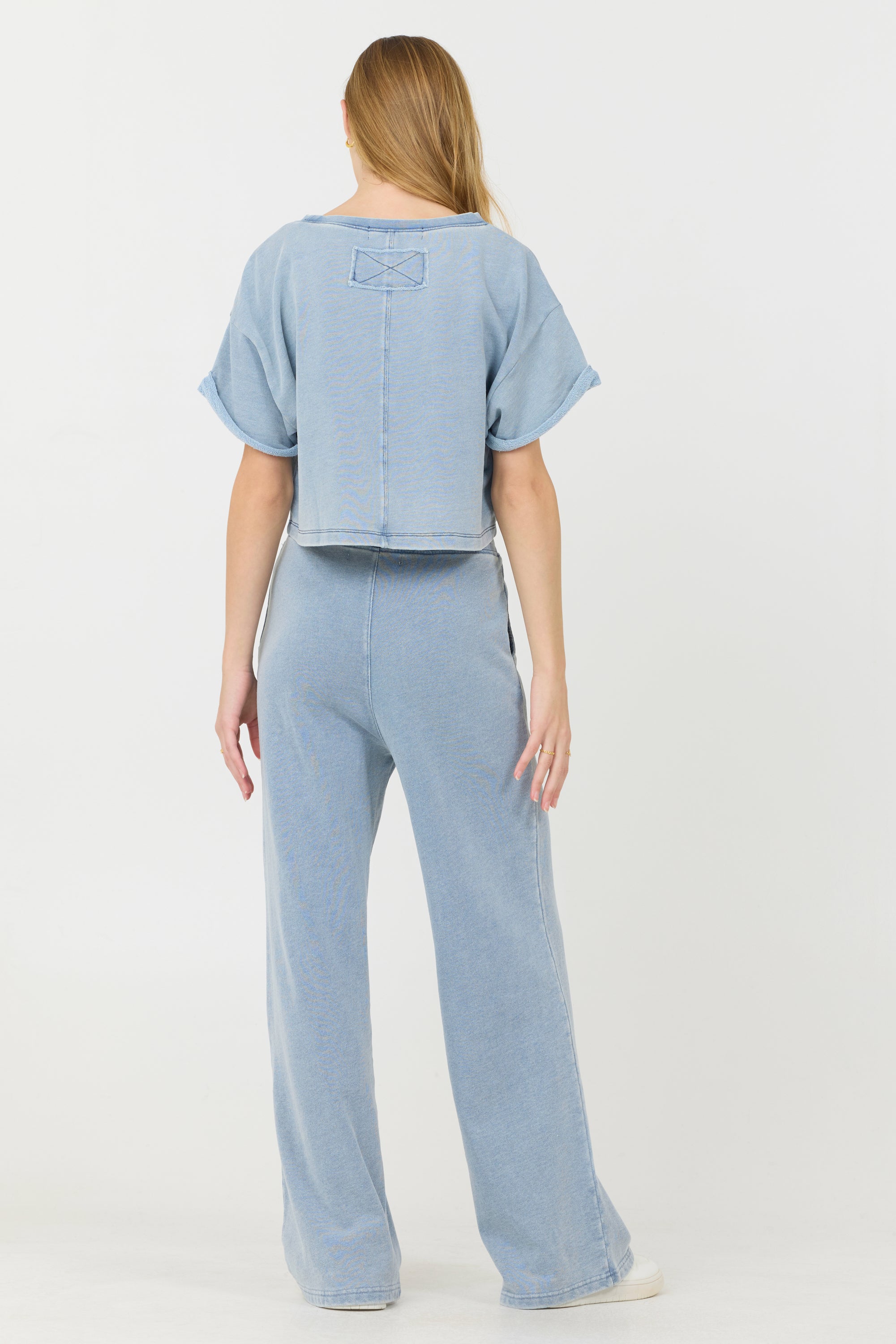 Washed Denim Terry Fleece Cropped Shirt