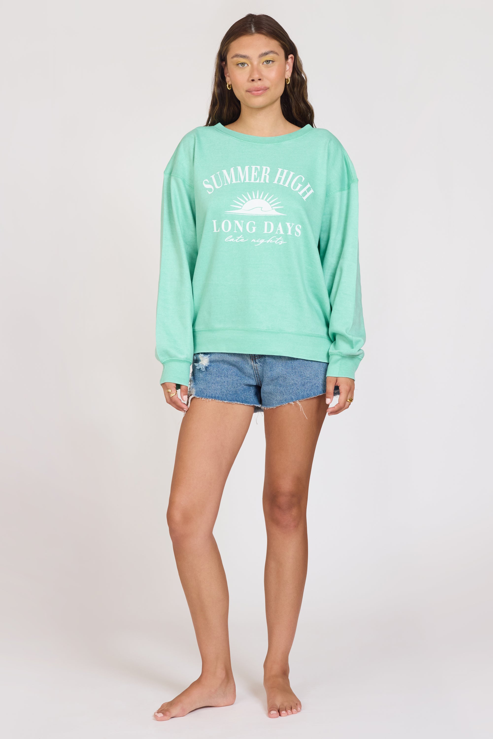 "Summer High" Surf Green Burnout Fleece Crewneck