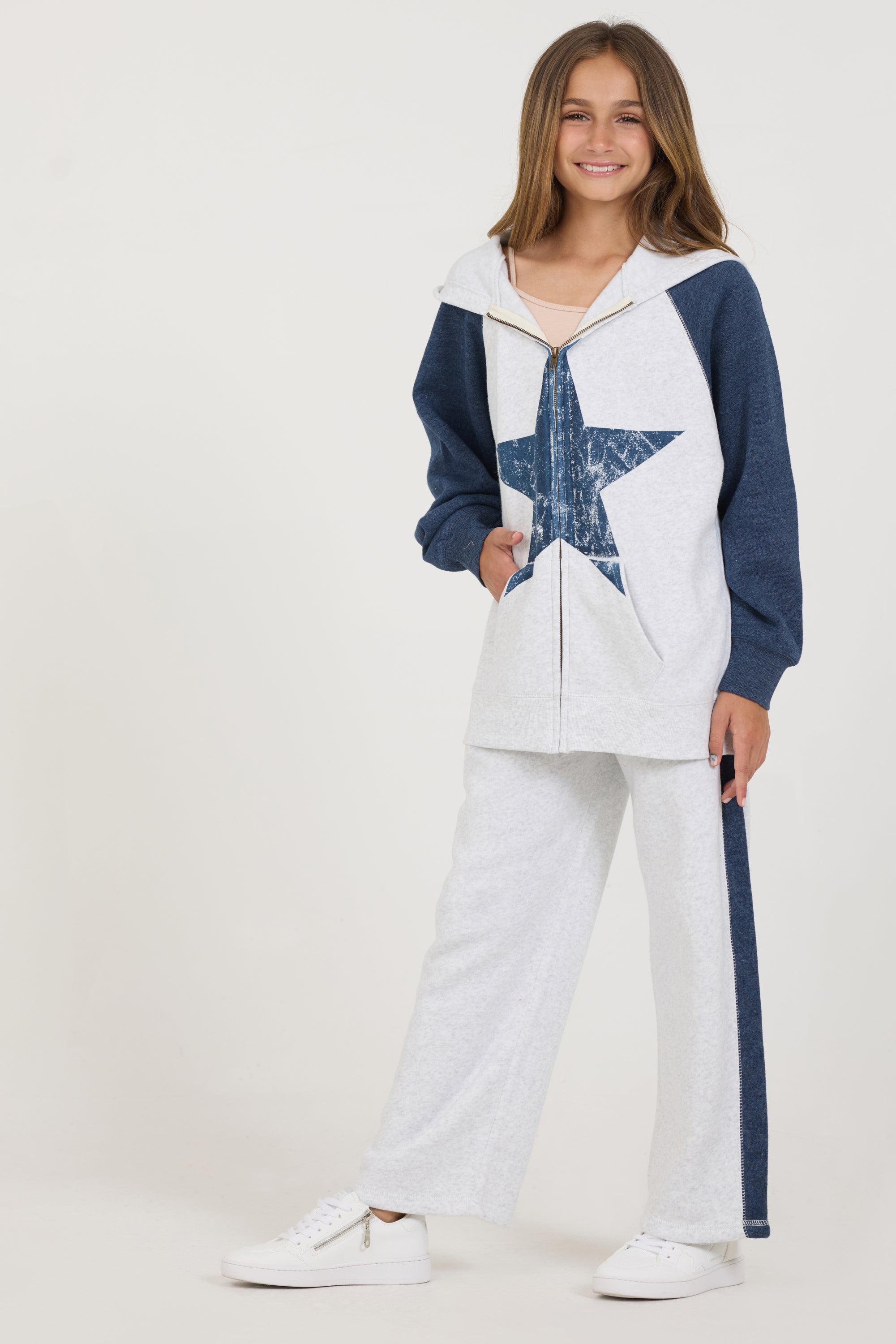 Kids Ash Grey Navy Color Block Oversized Star Wide Leg Pant