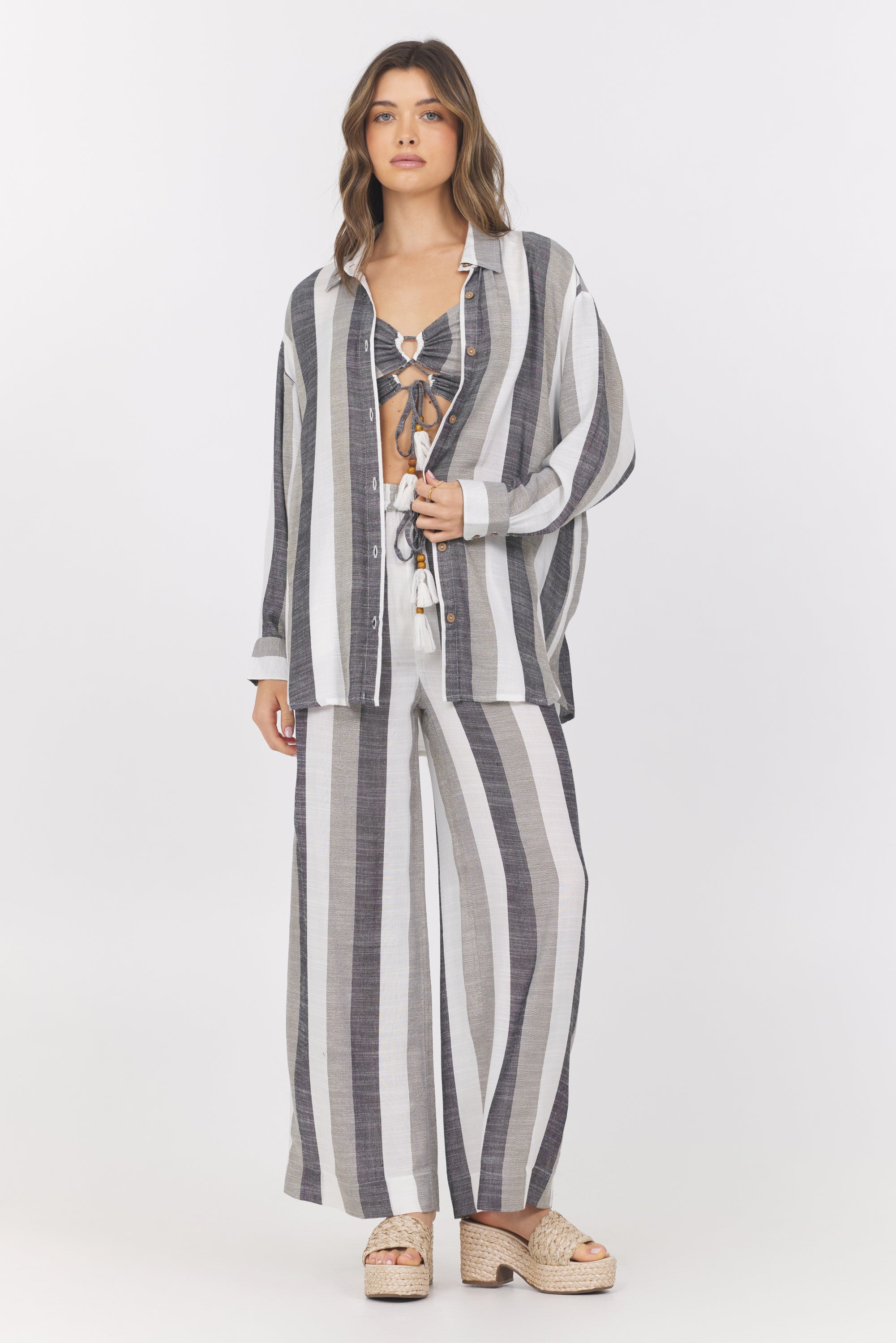 Lightweight Metallic Stripe Button Down