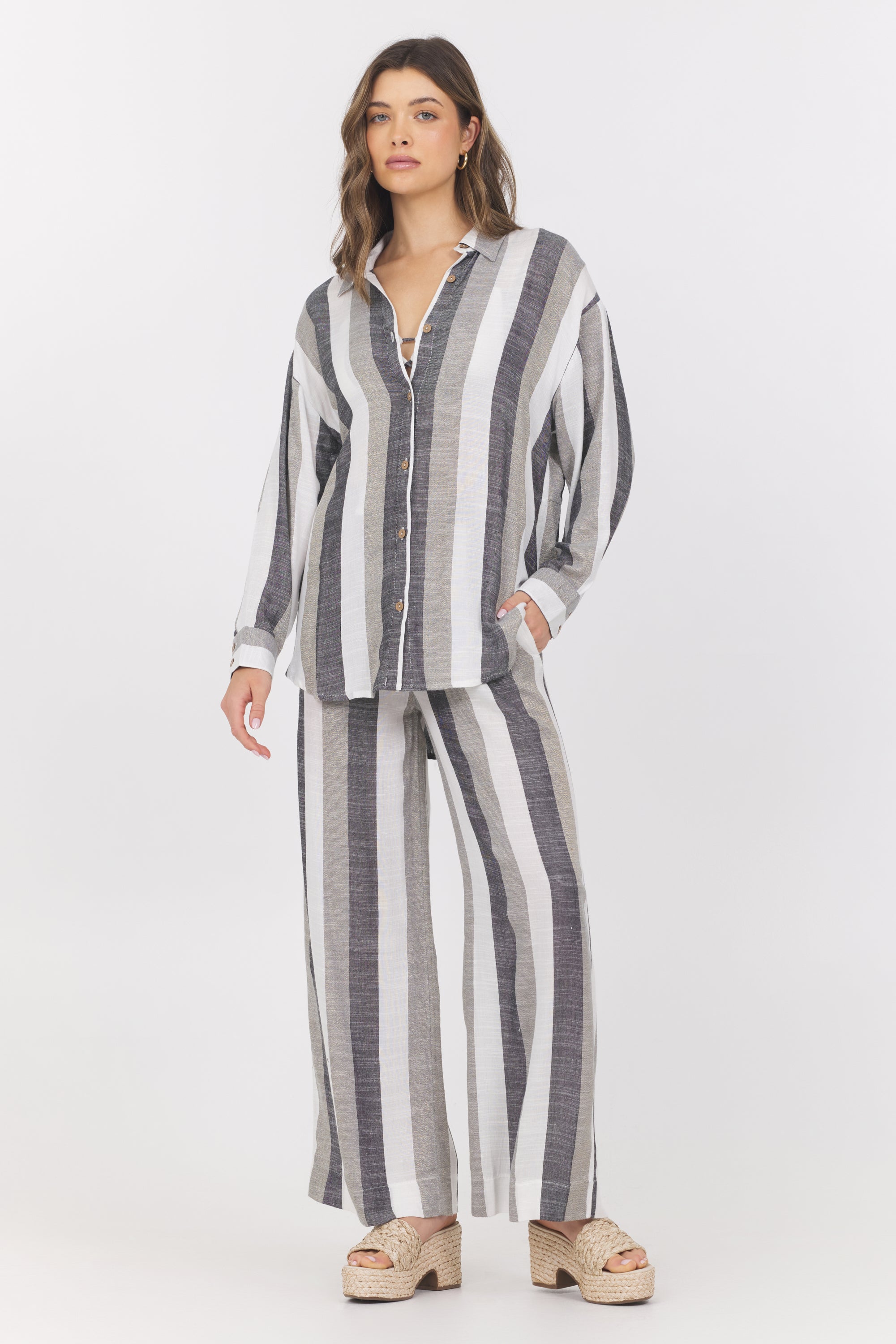 Lightweight Metallic Stripe Button Down