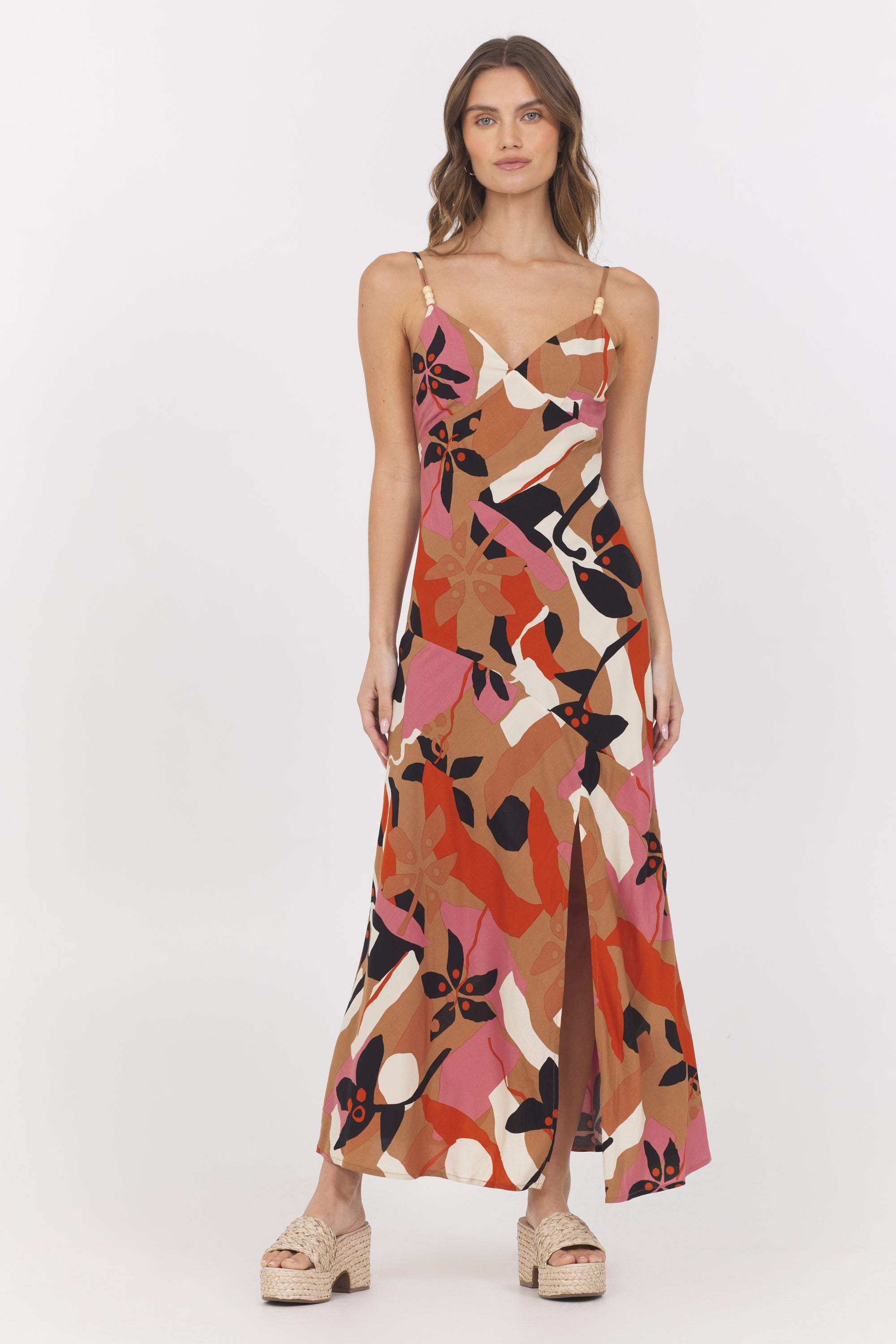 Rose Abstract Floral Print V Neck Dolman Maxi Dress