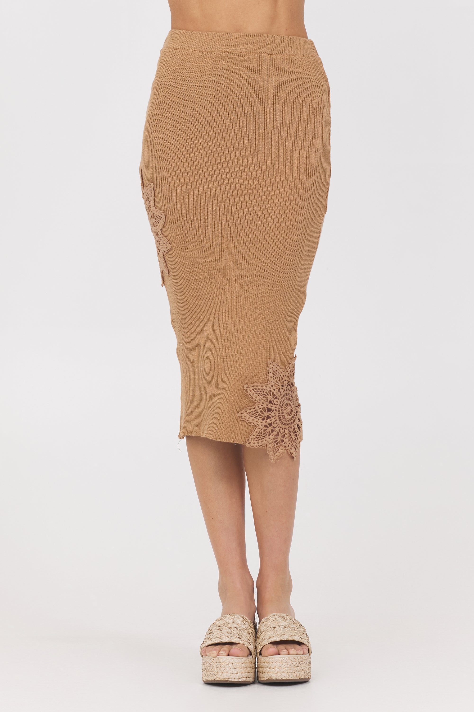 Caramel Rib Midi Skirt w/ Crochet Insert