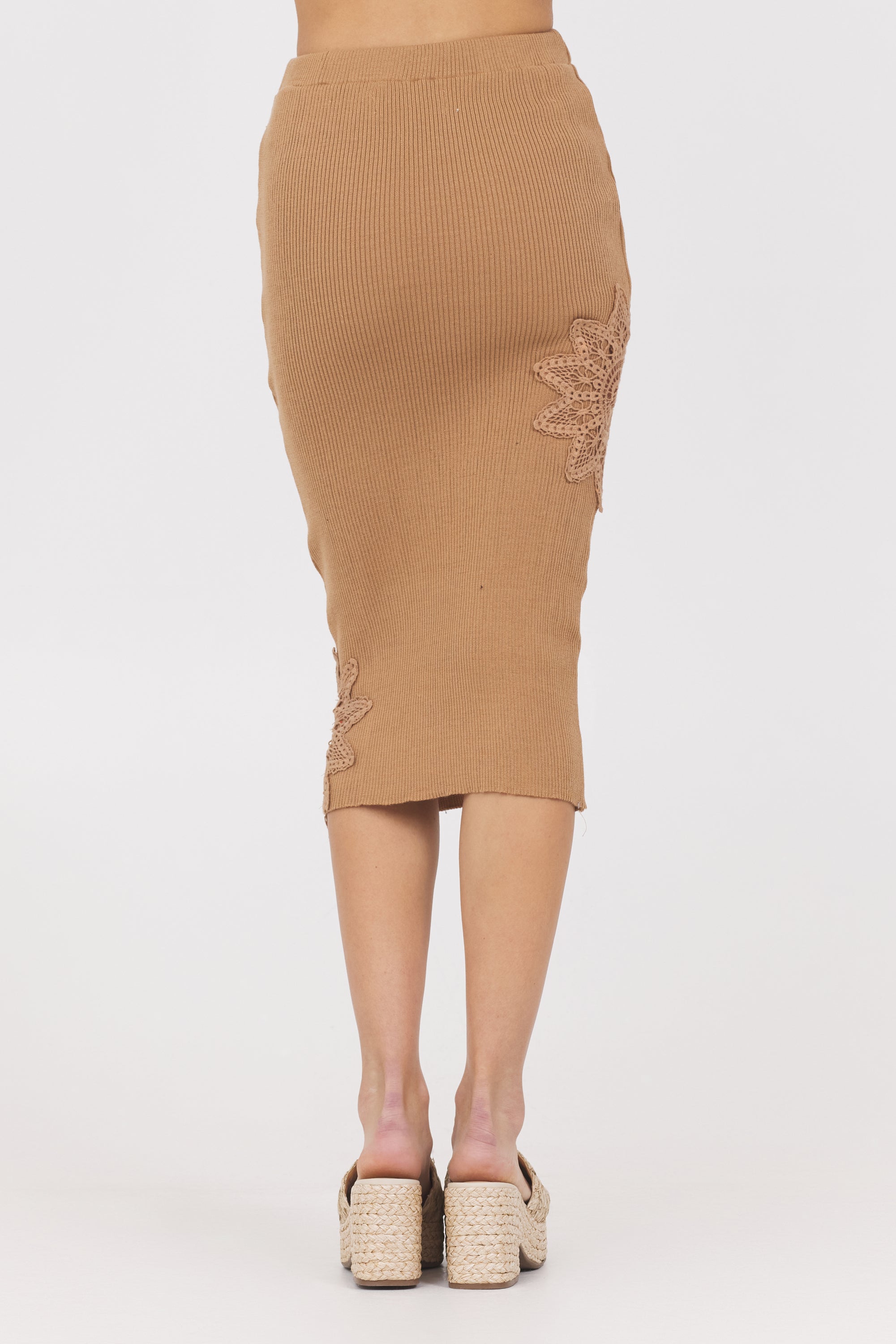 Caramel Rib Midi Skirt w/ Crochet Insert