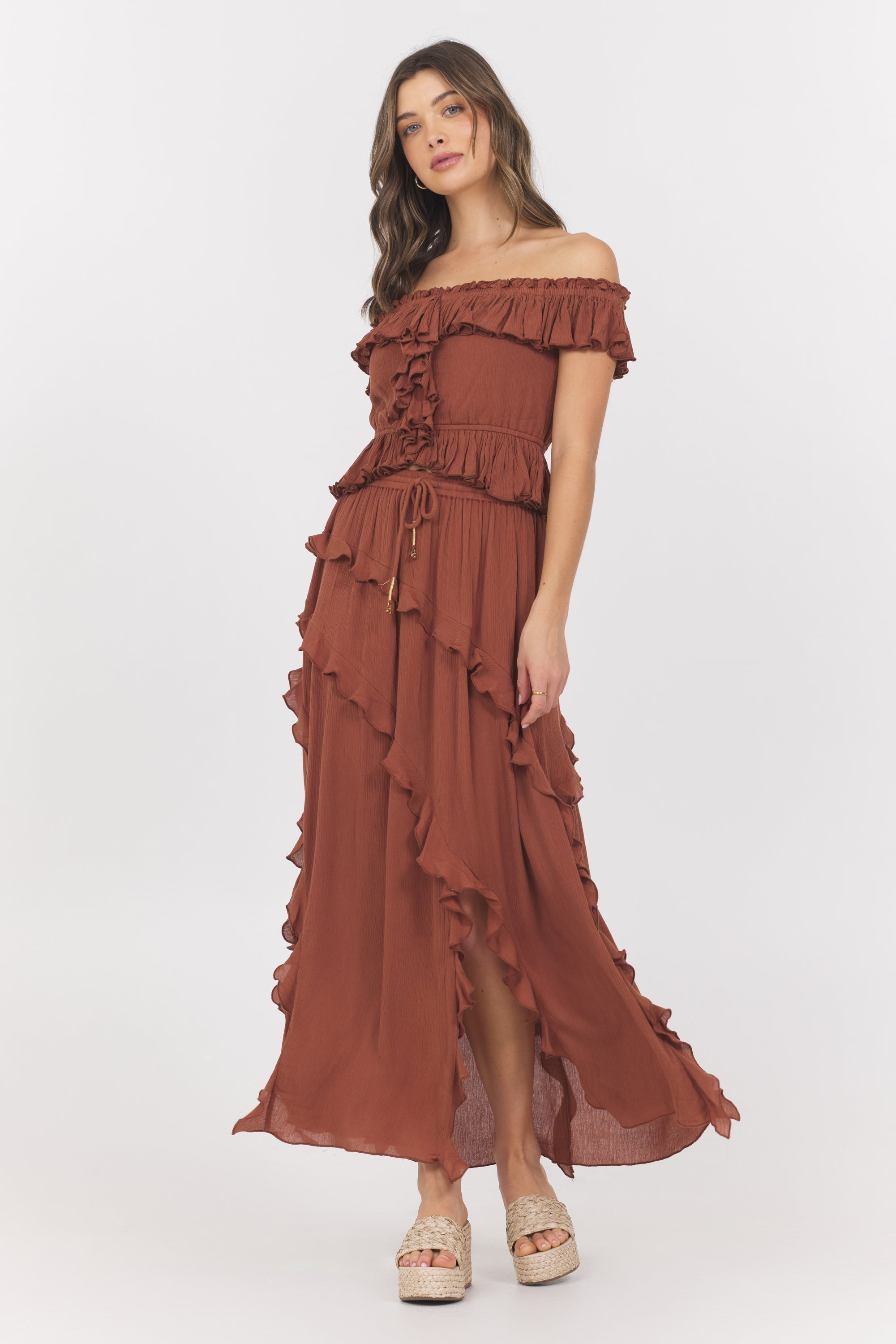 Sedona Sand Ruffle Off Shoulder Top