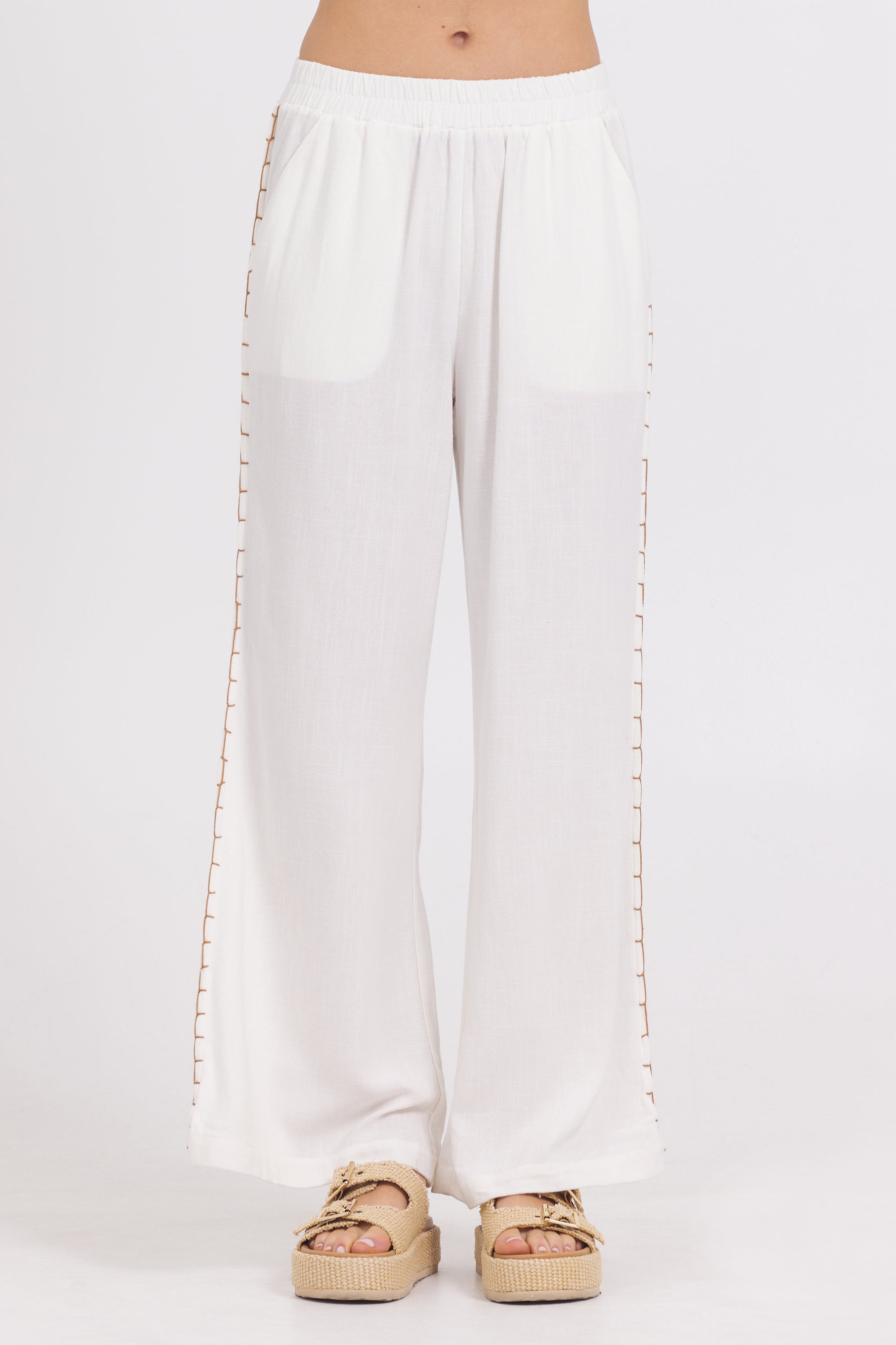 Washed Linen Wide Leg Pants w/ Whip Stitch