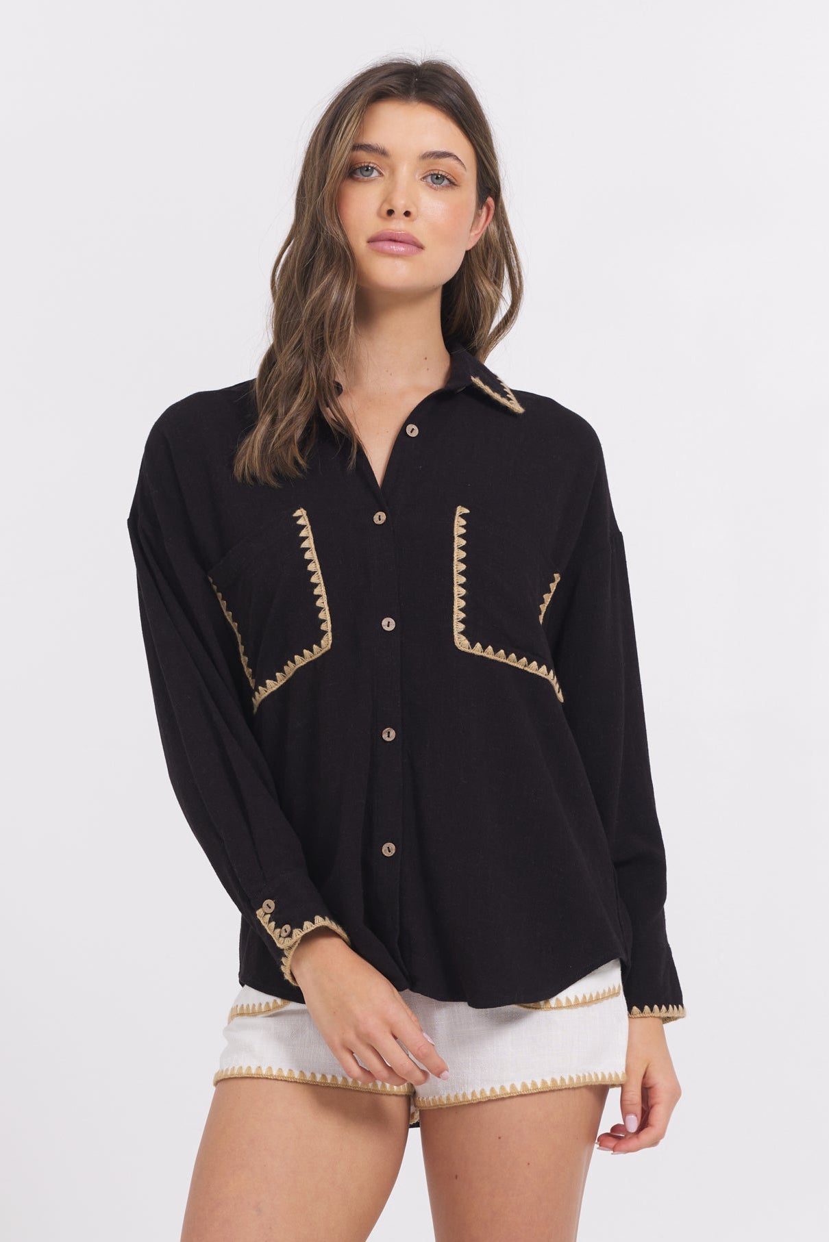 Black Button Up Shirt w/ Tan Whip Stitch