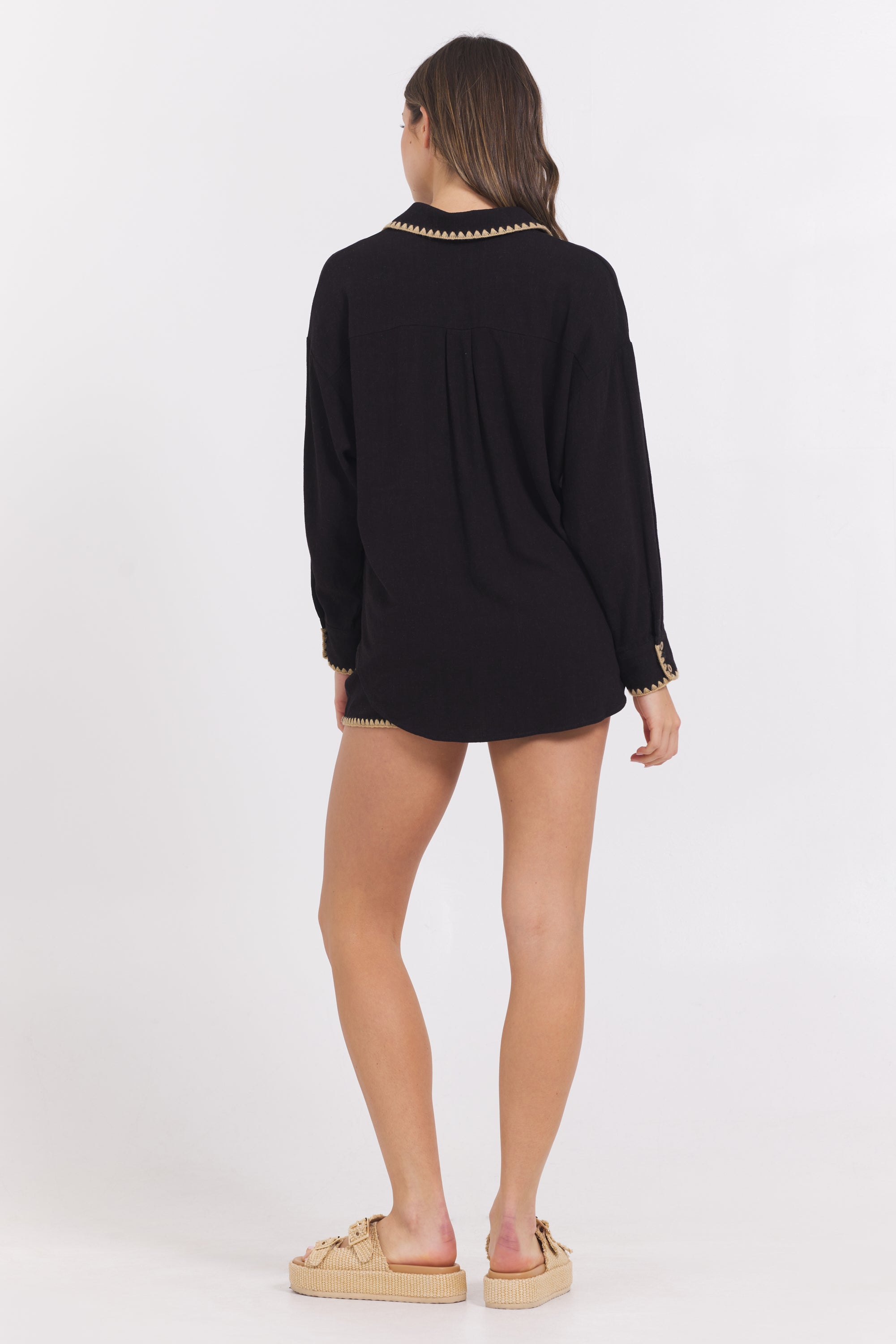 Black Button Up Shirt w/ Tan Whip Stitch