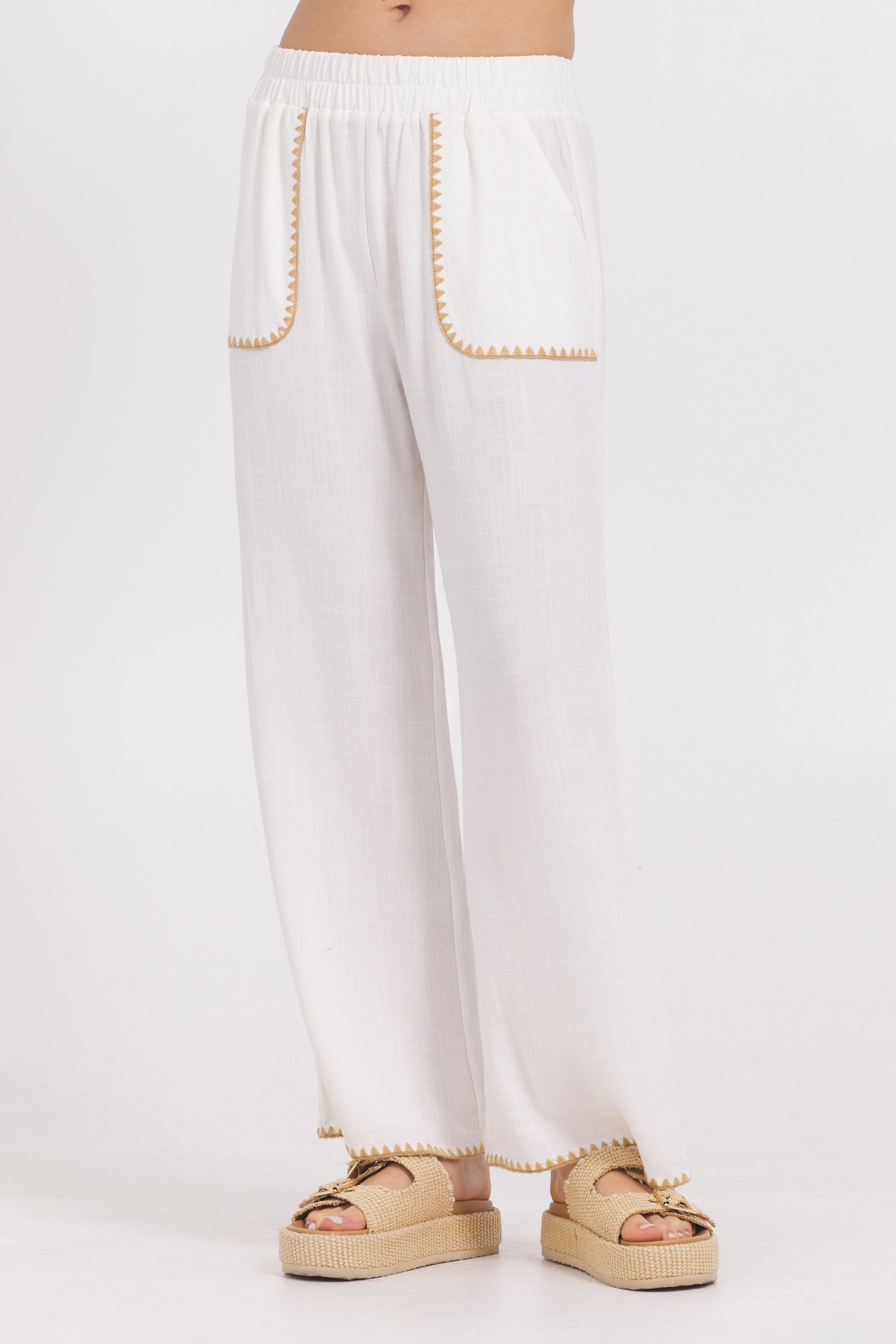 White Wide Leg Pant w/ Tan Whip Stitch