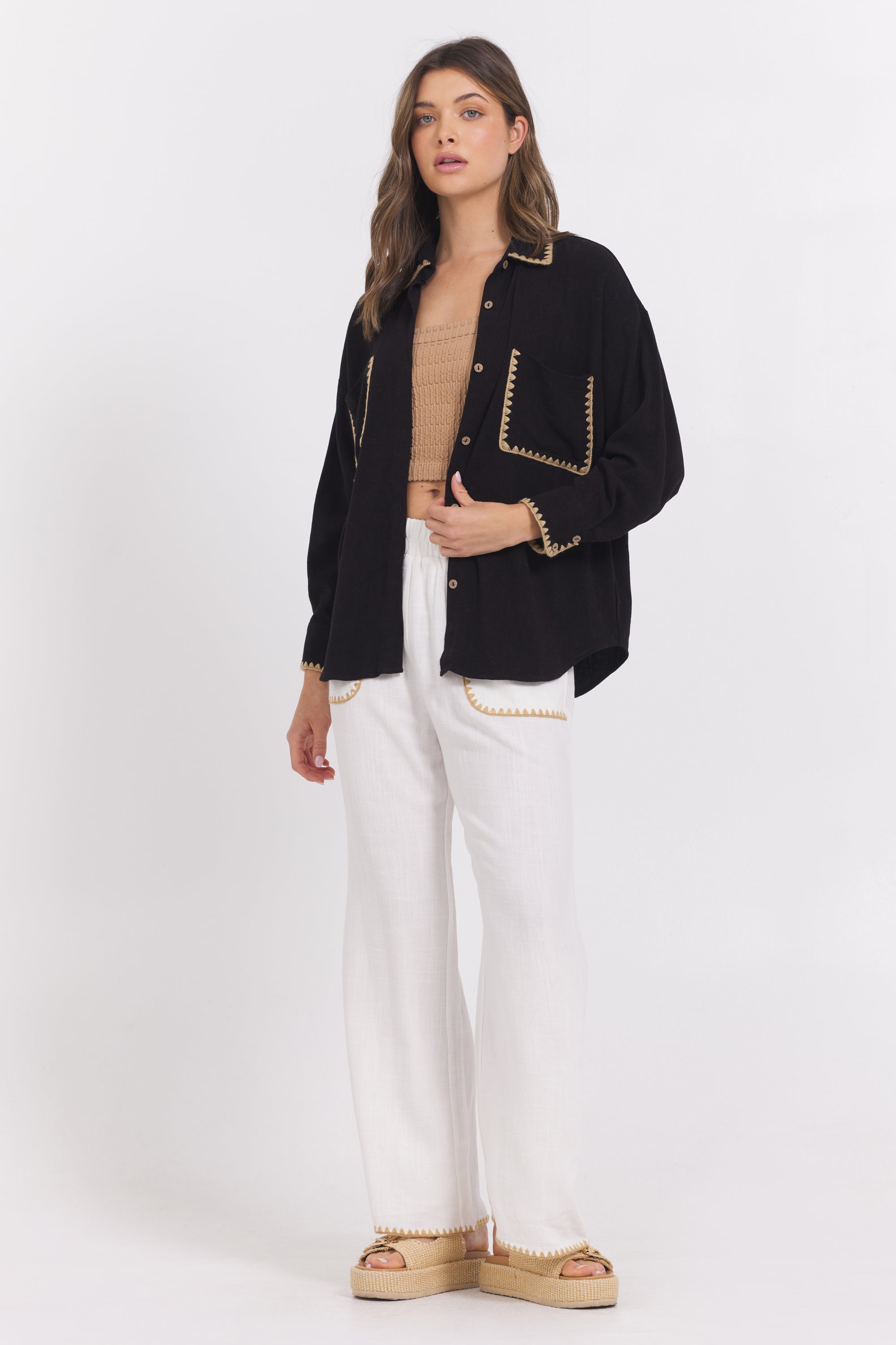 Black Button Up Shirt w/ Tan Whip Stitch