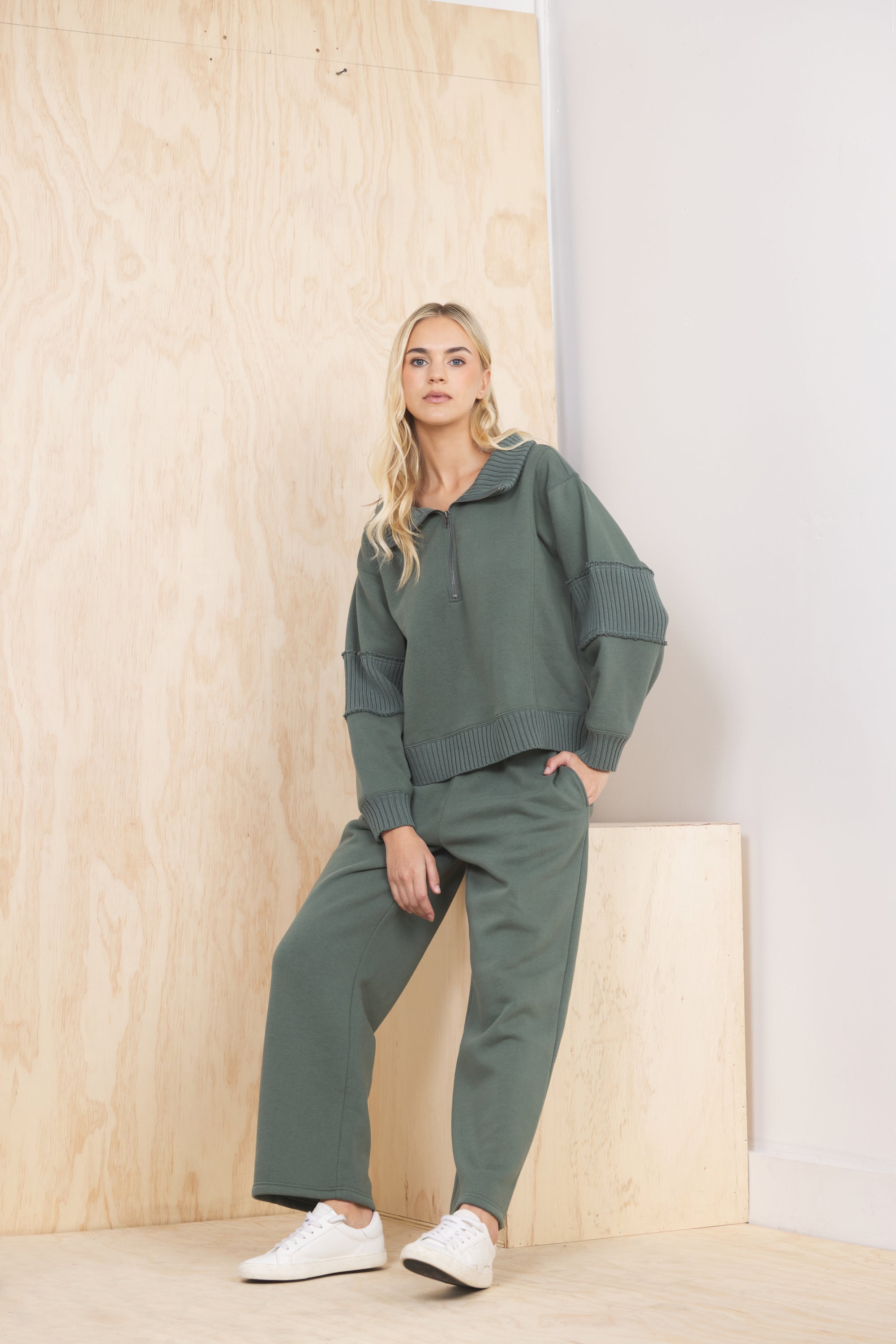 Fleece Pant with Rib Waistband - Olive