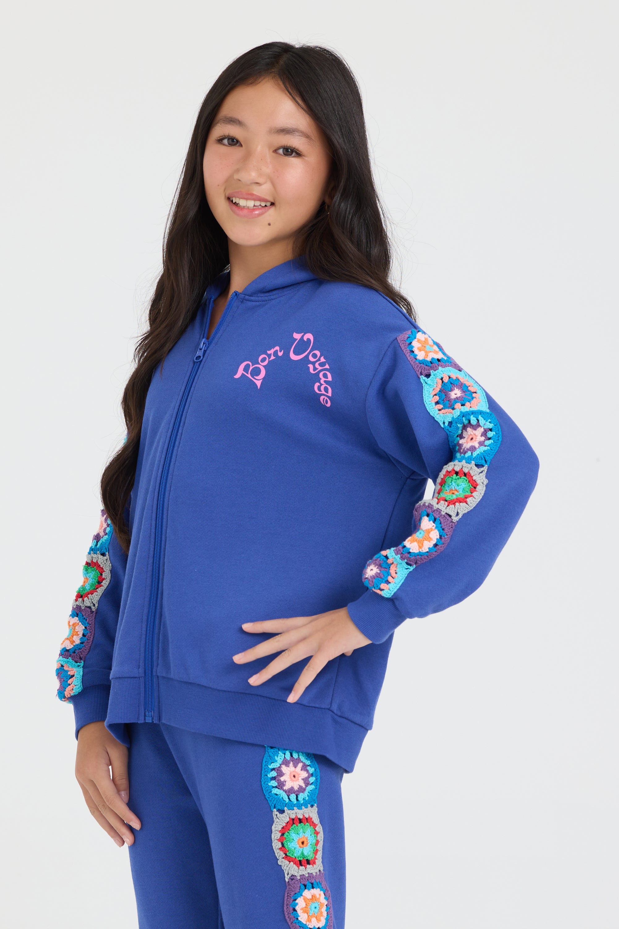 Kids Navy Cropped Full Zip Hoodie w/Crochet