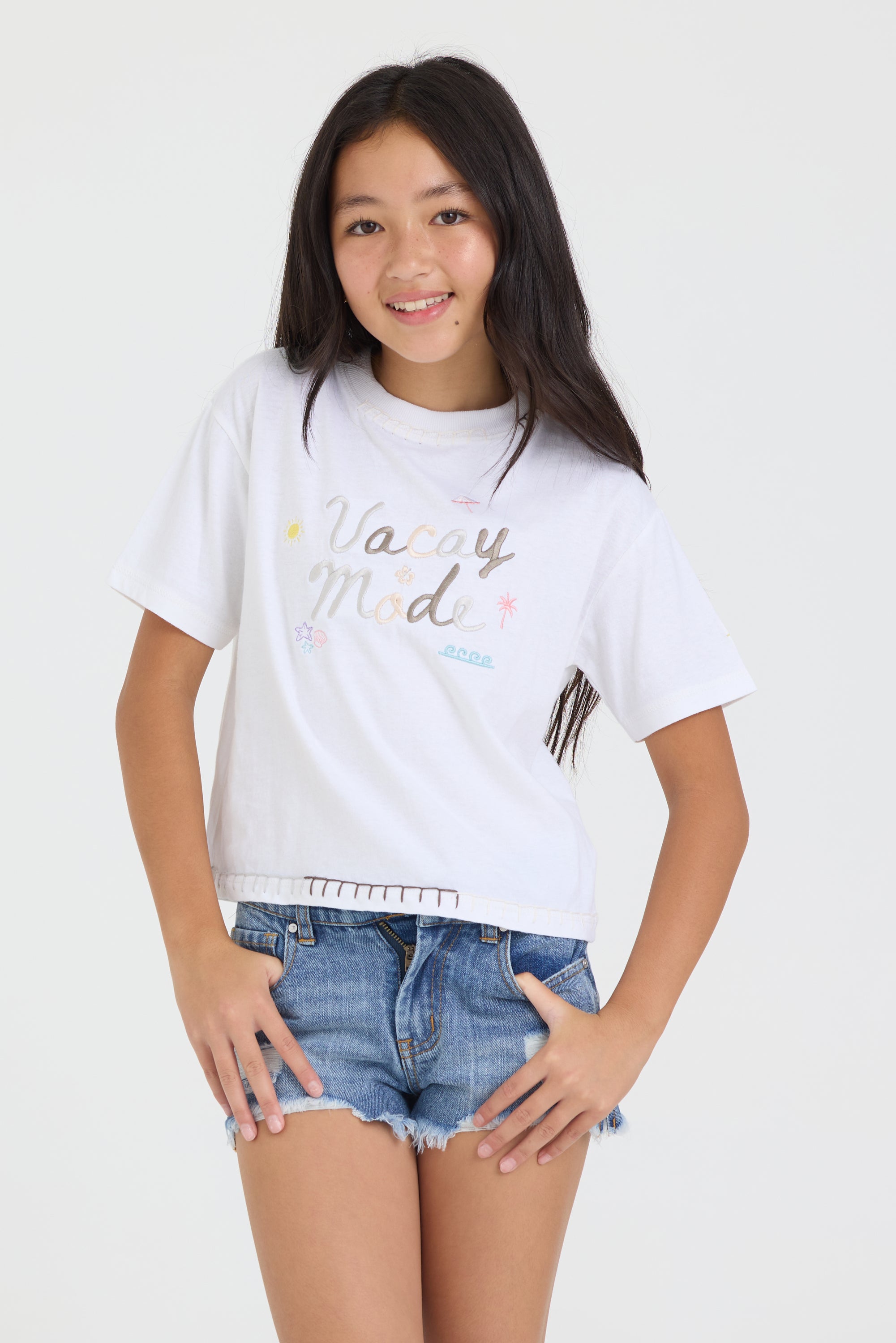 Kids Vacay Mode Embroidered Crochet Stitch Boxy Tee