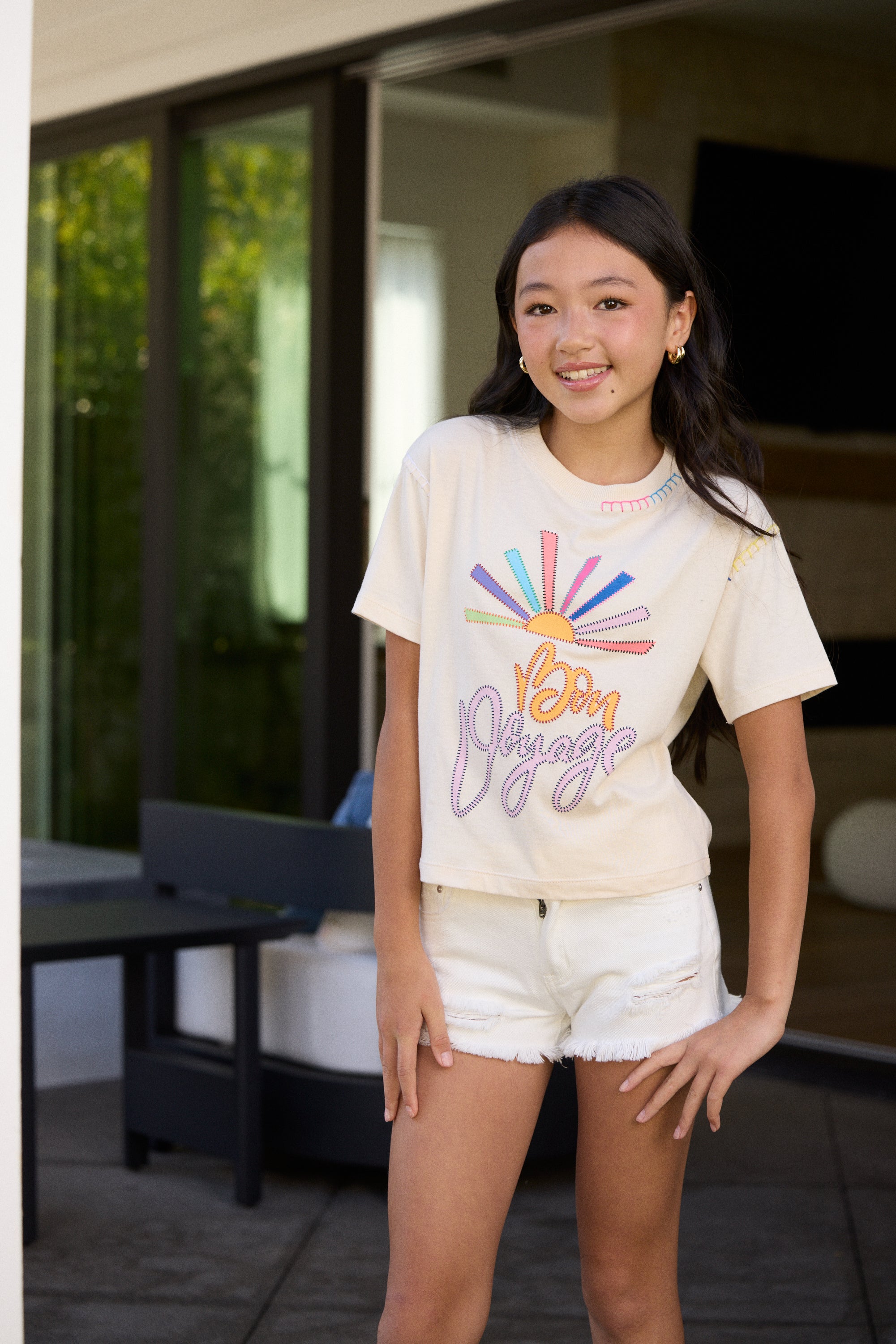 Kids Bon Voyage Print Crochet Stitch Boxy Tee
