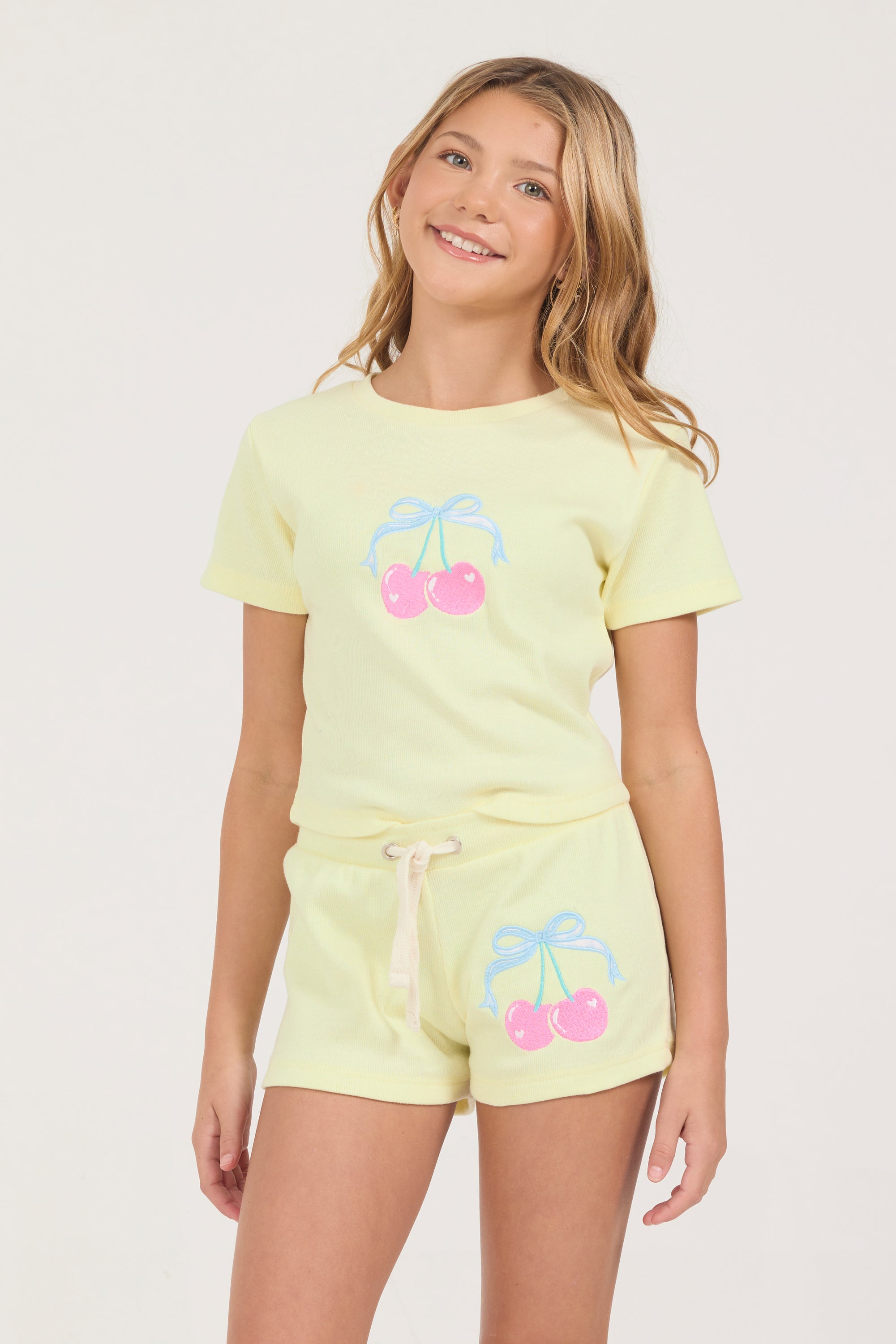 Kids Ribbed Cherry Embroidered Tee