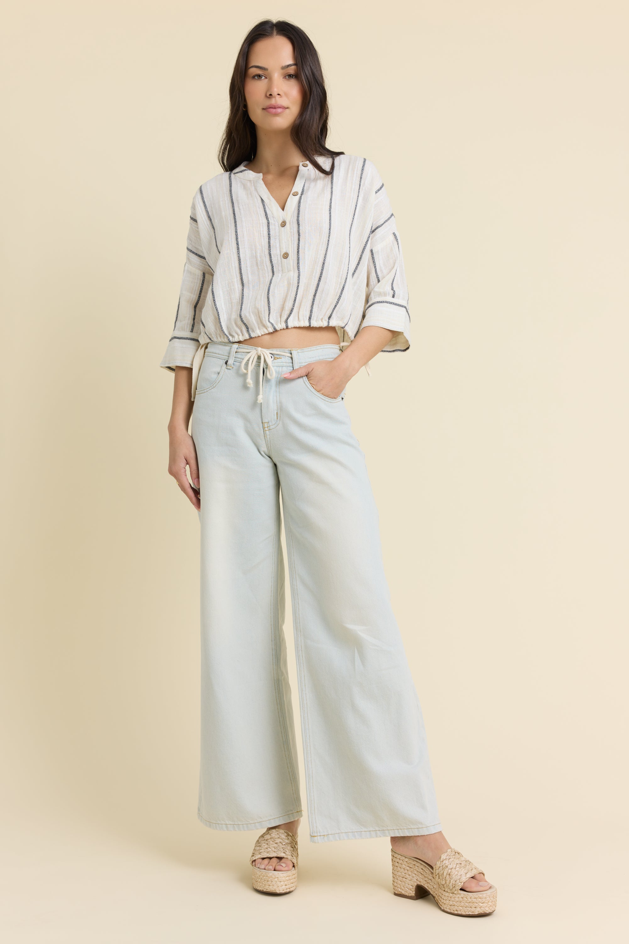 Button Front Short Sleeve Top - Khaki Stripe