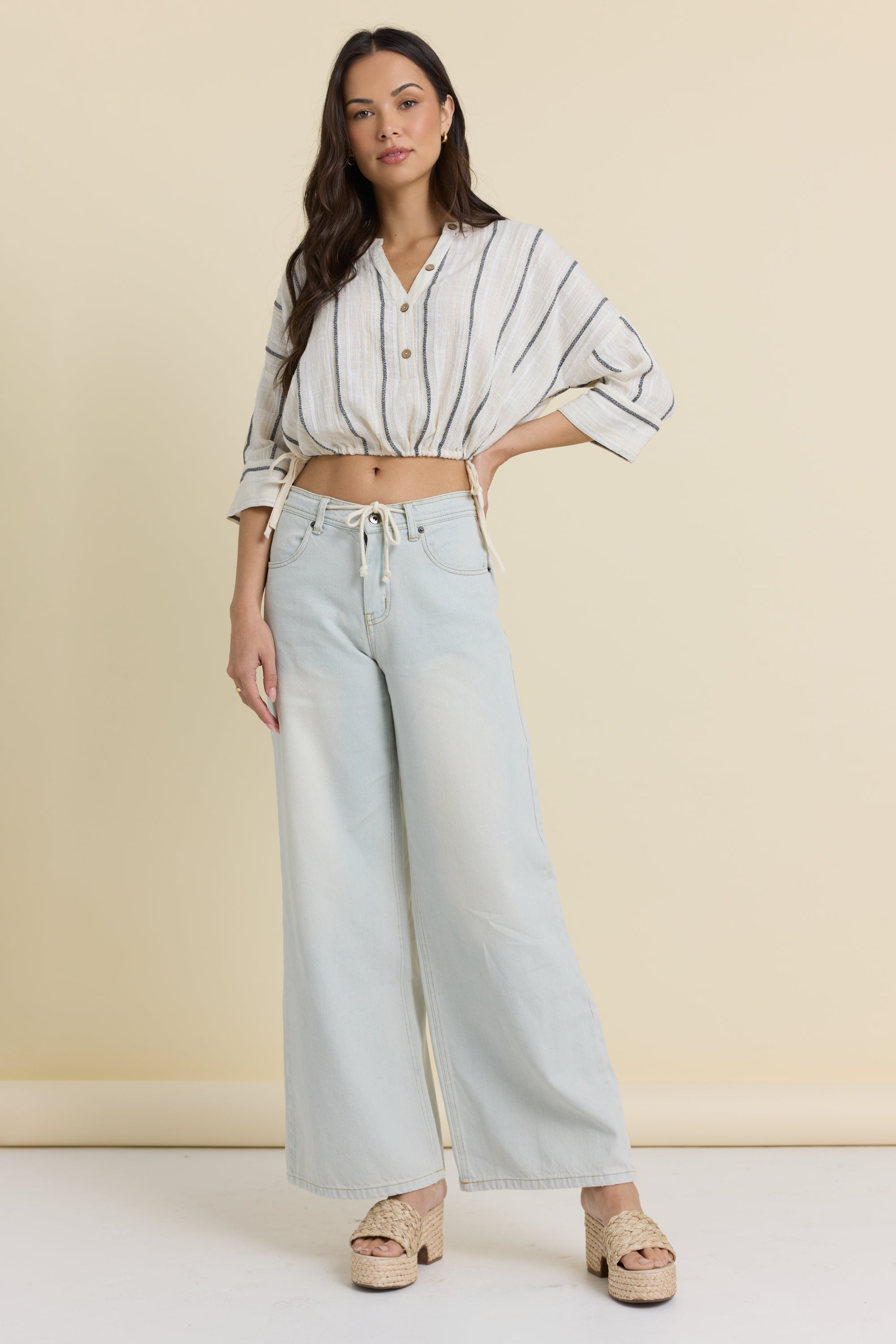 Button Front Short Sleeve Top - Khaki Stripe