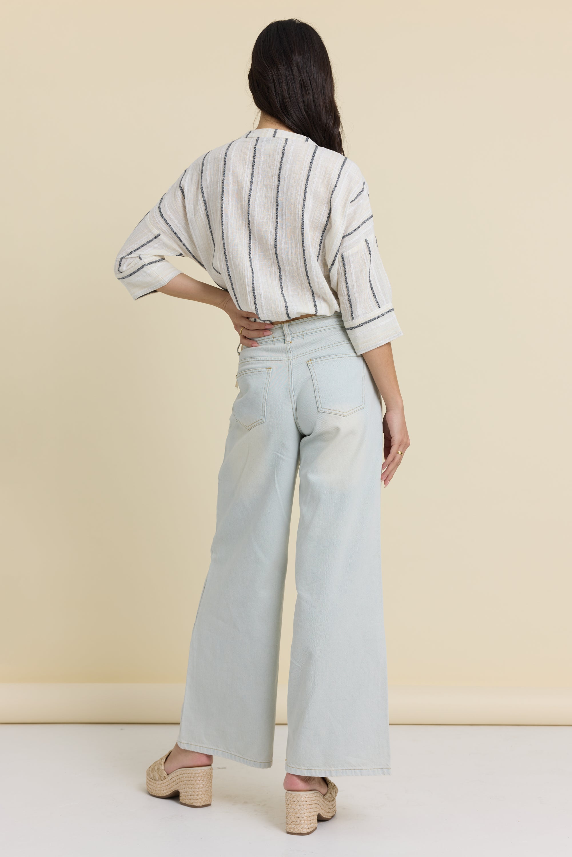 Button Front Short Sleeve Top - Khaki Stripe