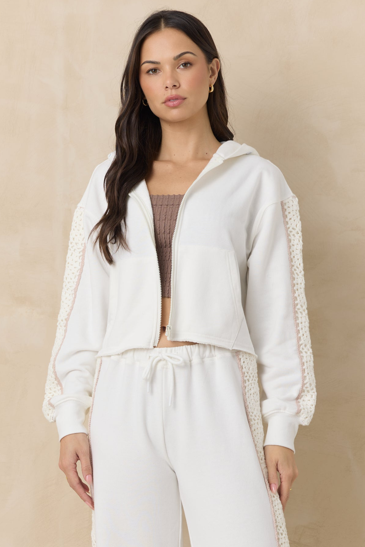French Terry Zip-Up Sweatshirt with Square Crochet Insert