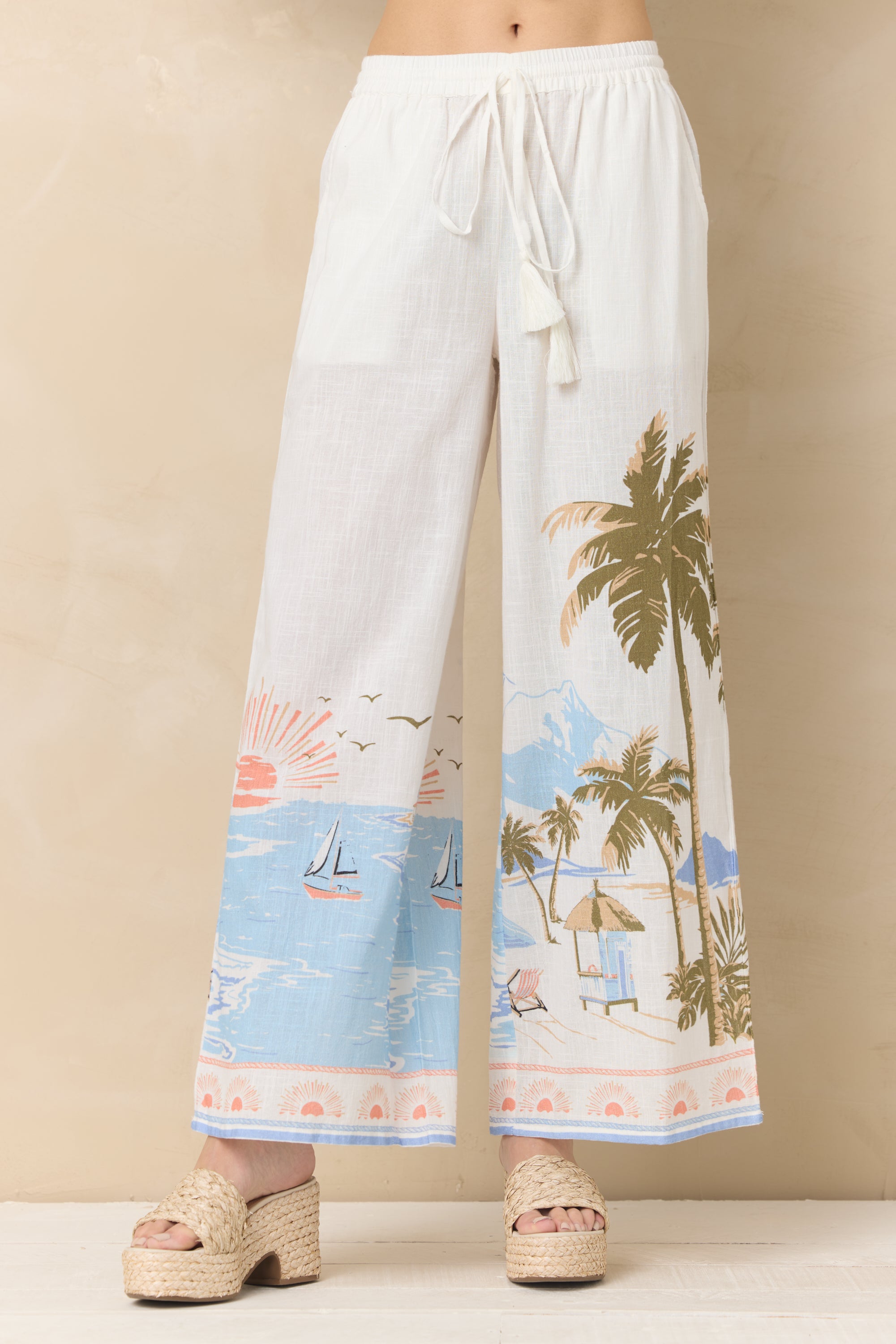 Printed Linen Wide Leg Pant
