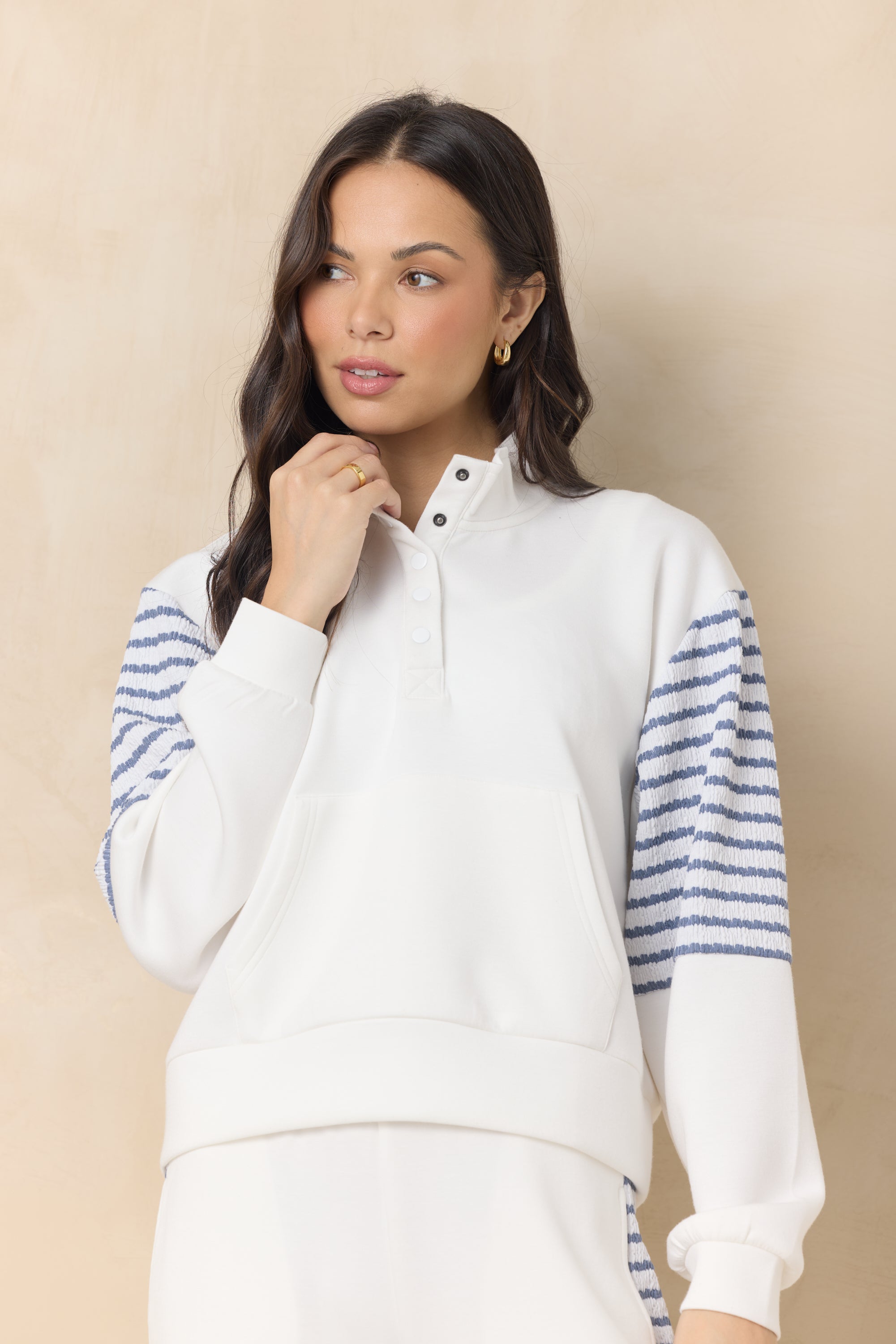 Cloud Quarter Zip with Striped Sleeve