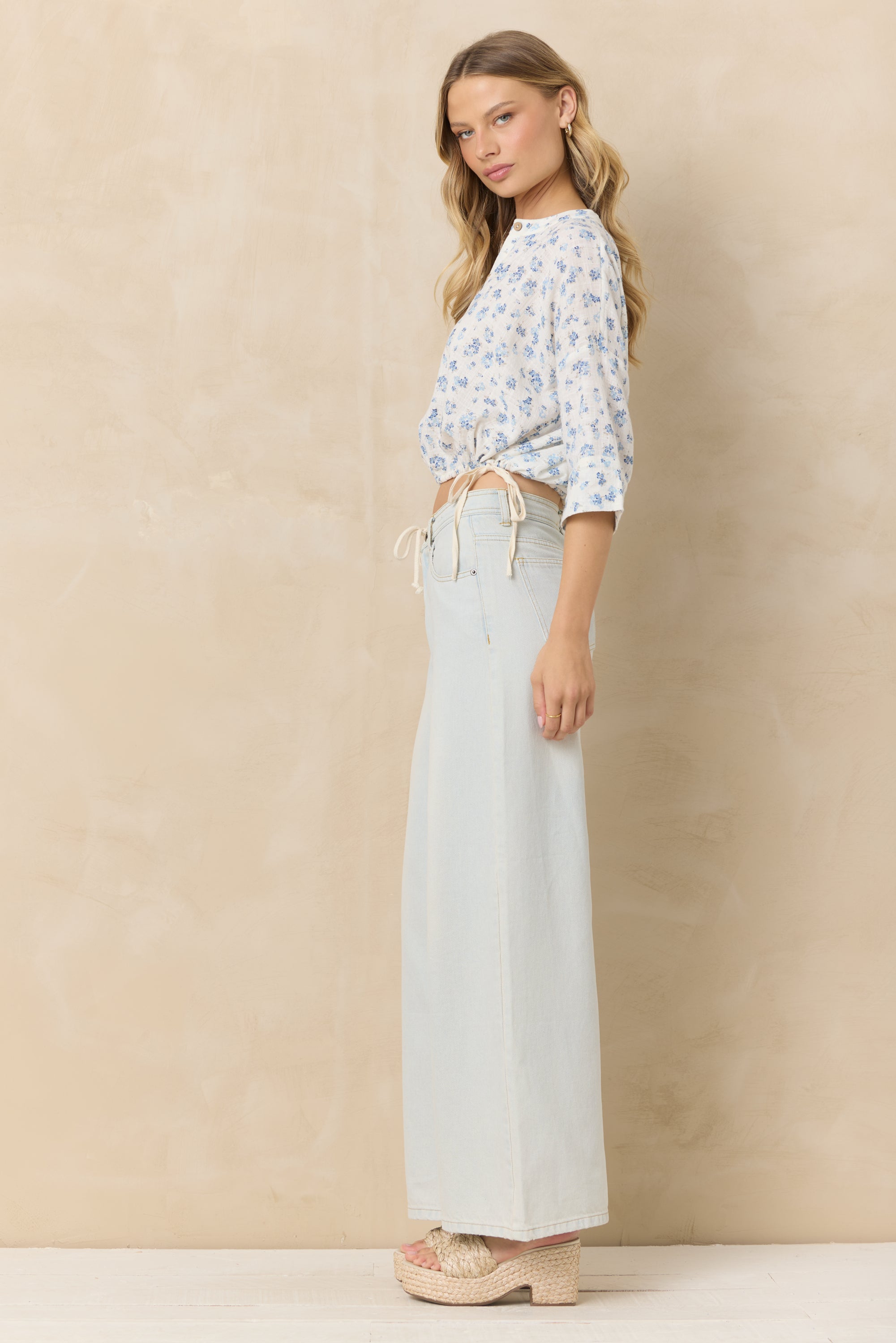 Button Front Short Sleeve Top - Blue Ditsy Floral