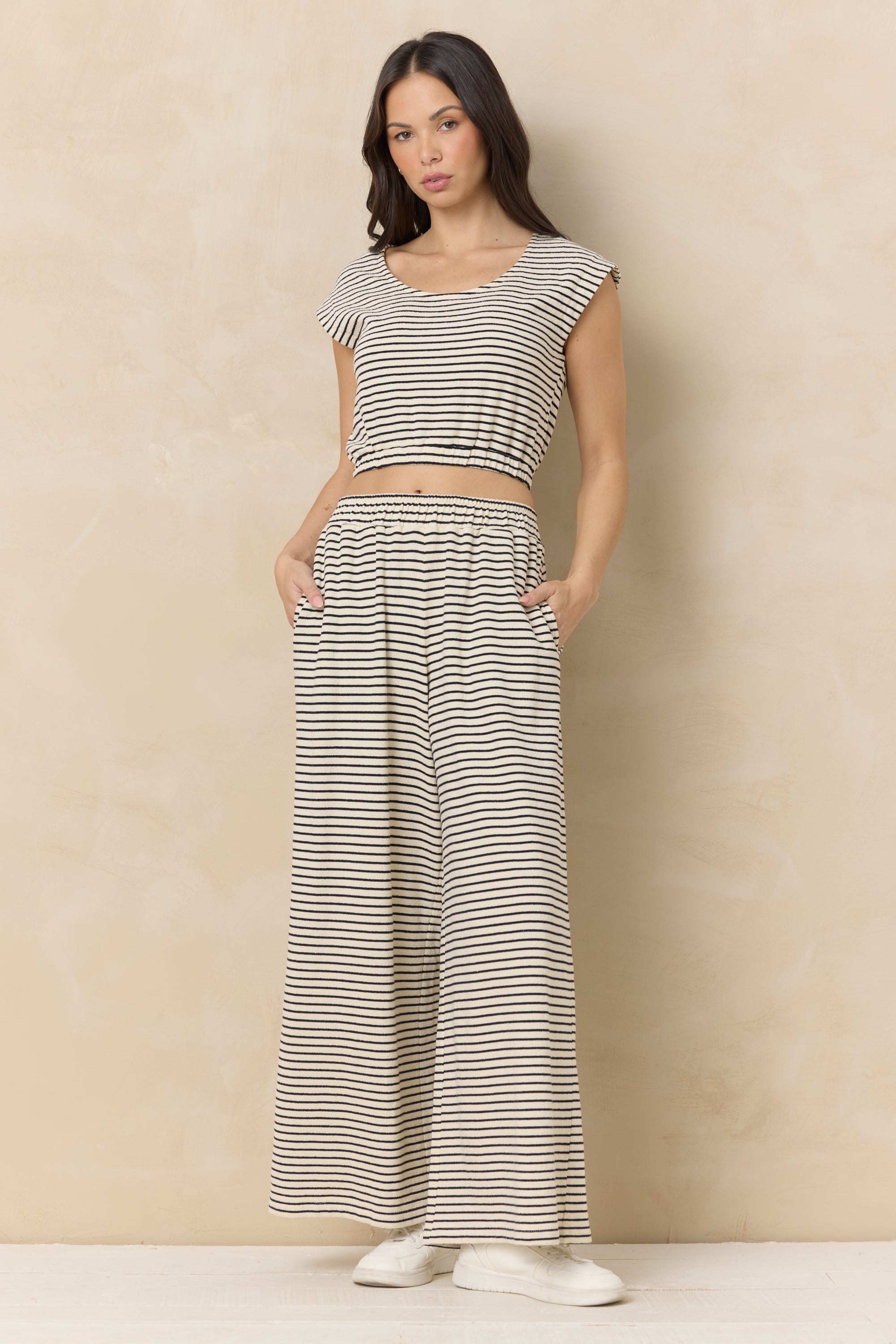 Striped French Terry Cloth Wide Leg Pant