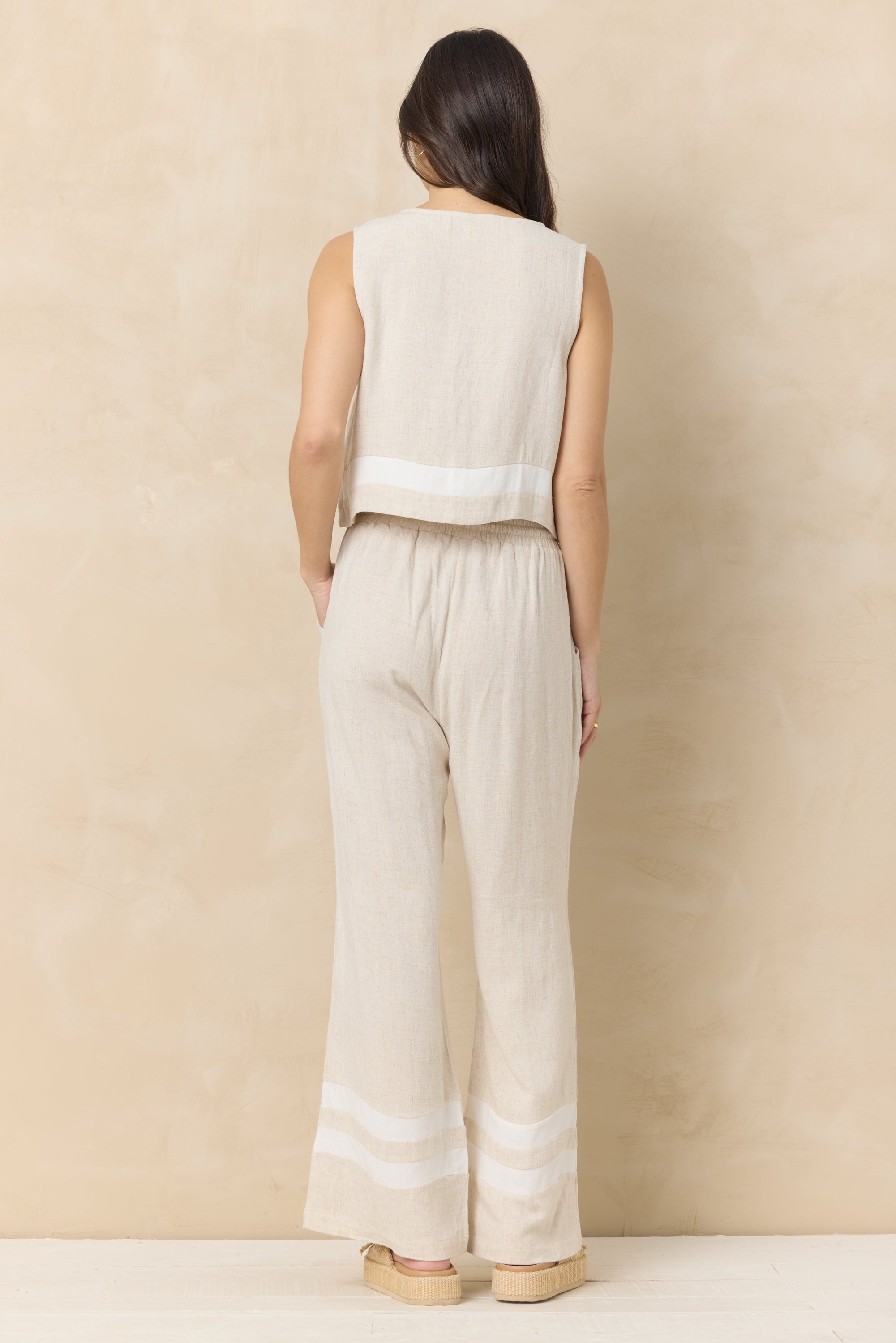 Linen Blend Tie Front Top with Contrast Stripe