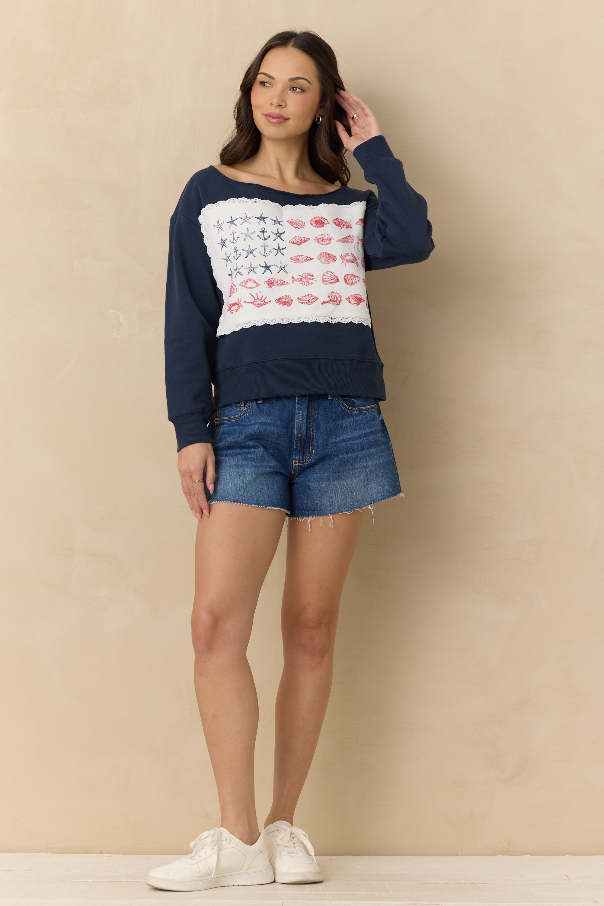 Off the Shoulder Sweatshirt with Coastal Flag