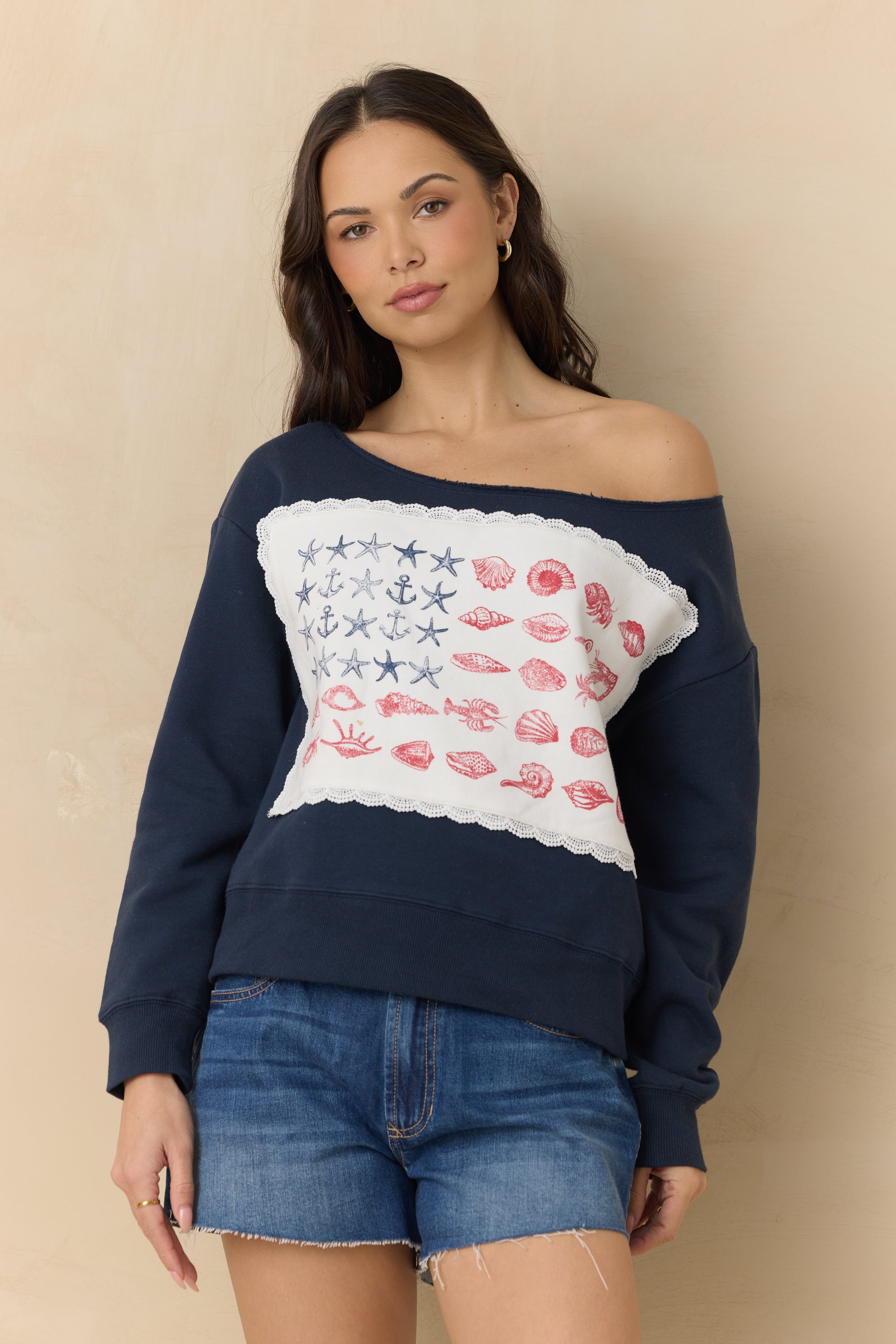 Off the Shoulder Sweatshirt with Coastal Flag