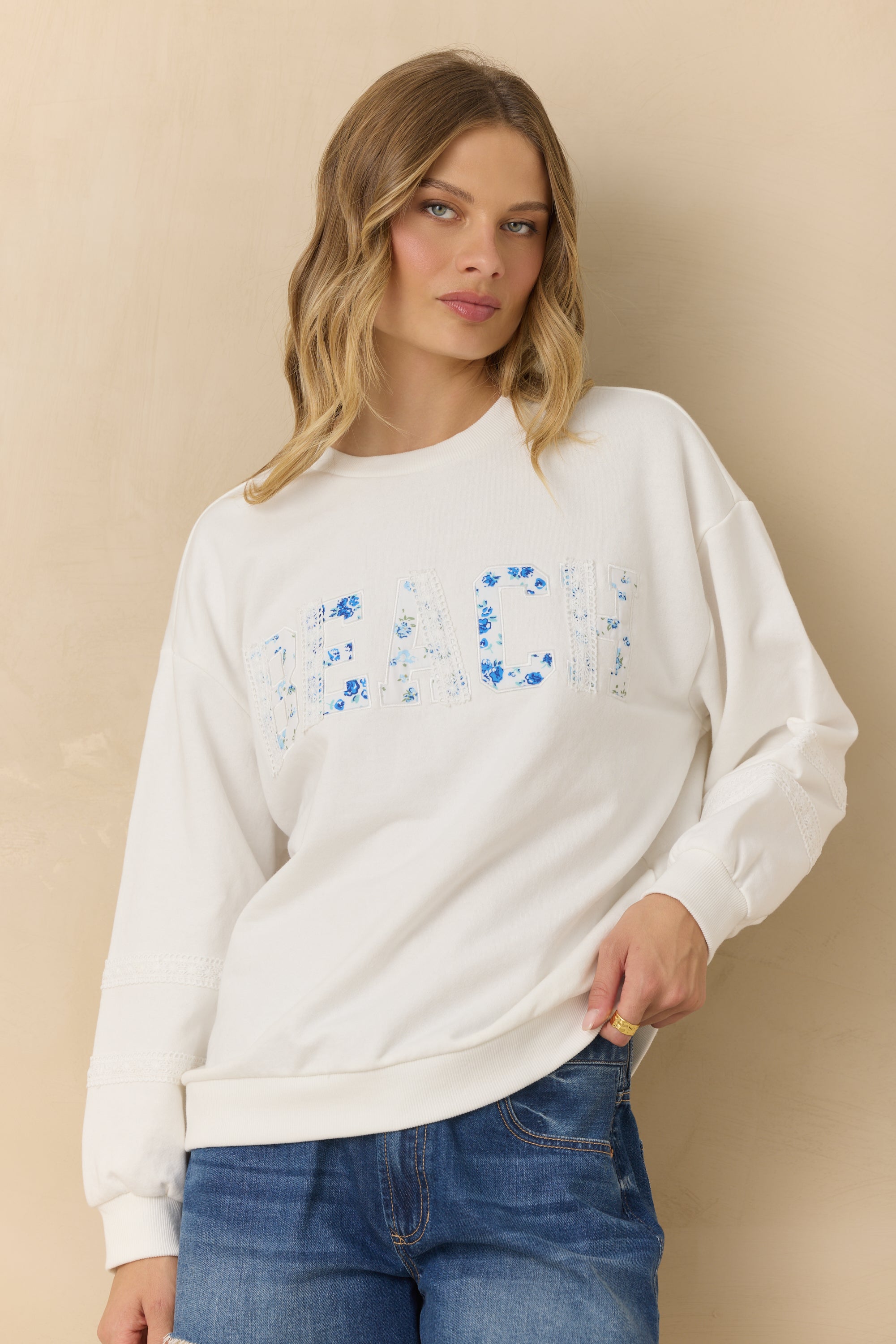 Mixed Applique Beach Crewneck