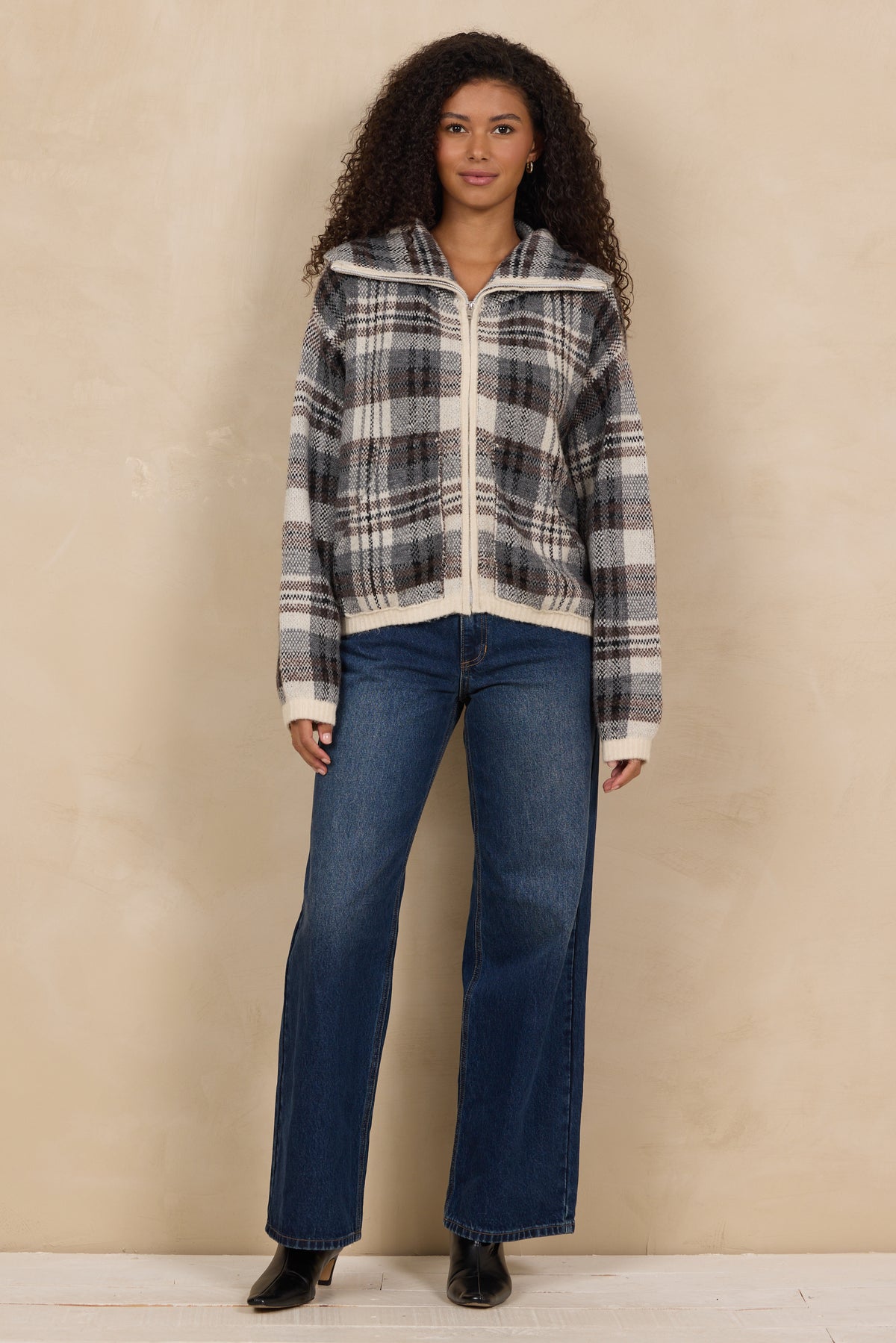 Jaquard Knit Zip Up Sweater