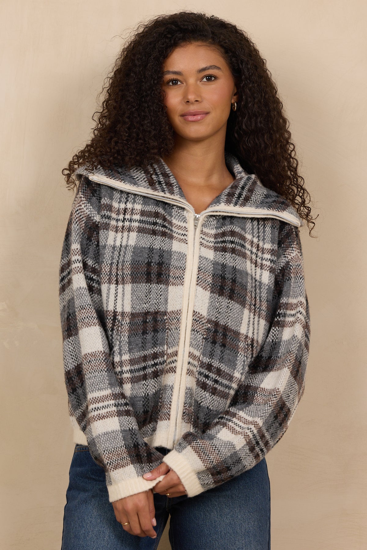 Jaquard Knit Zip Up Sweater