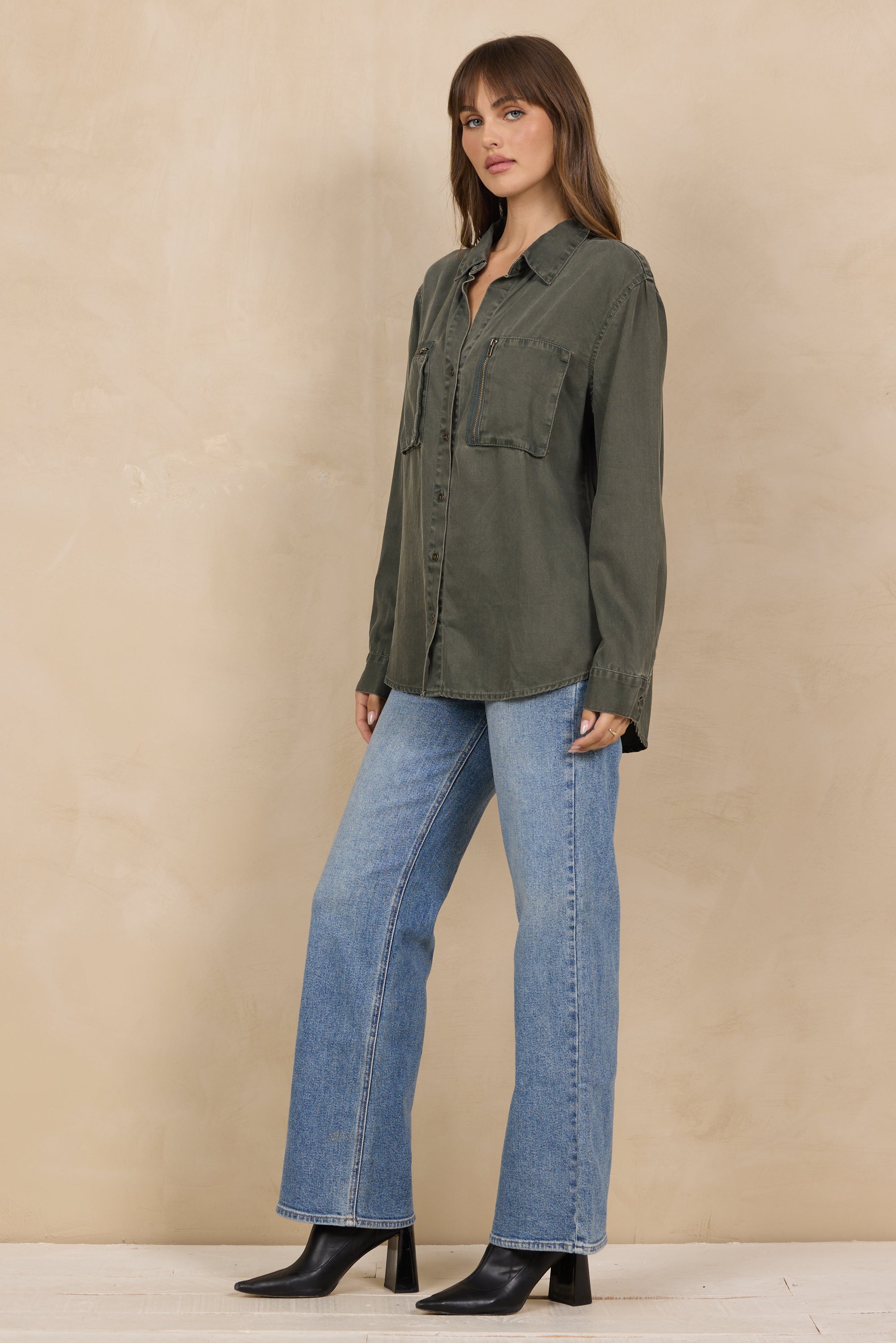 Tencel Button Up w/ Zipper Details