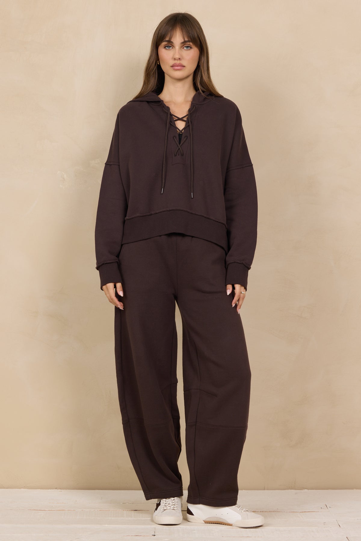 Soft Surf Wash Lace Up Hoodie 2-Piece Set in Brownie