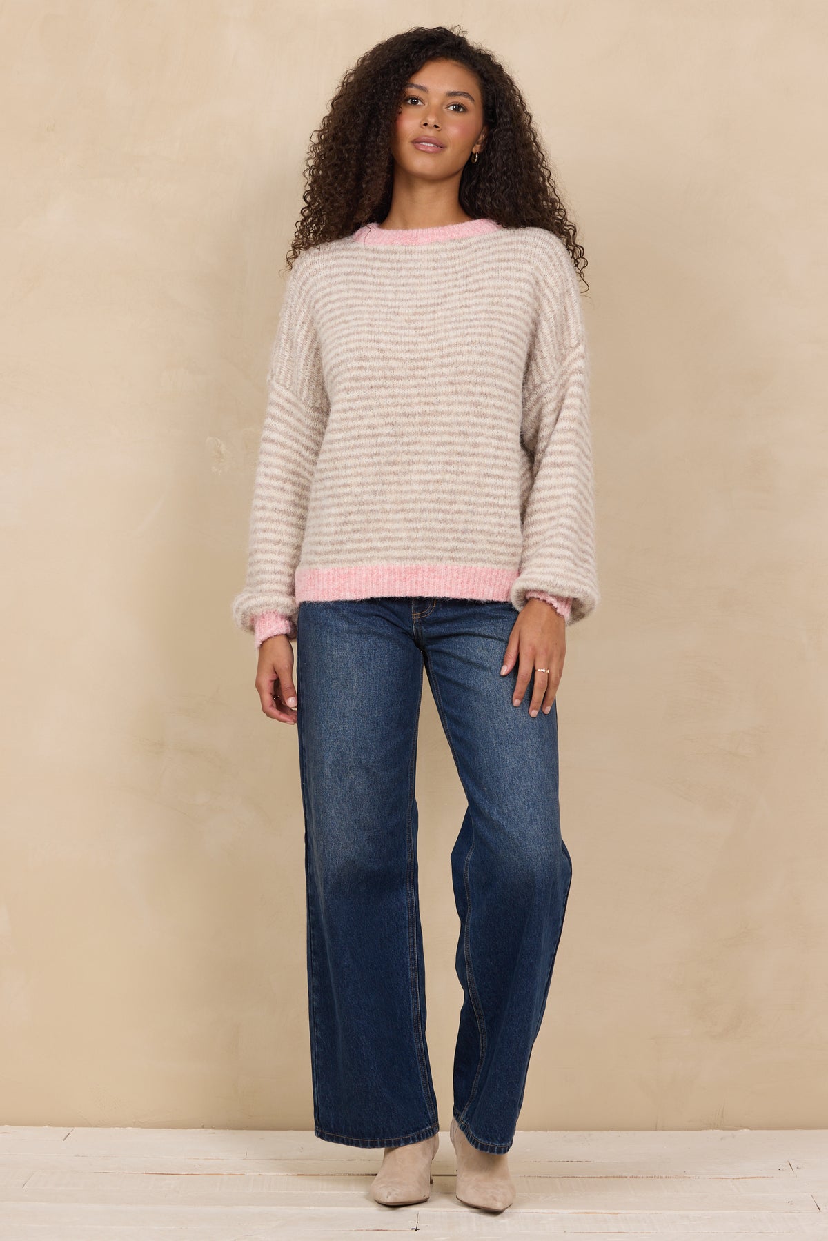 CONTRAST TRIM STRIPED SWEATER