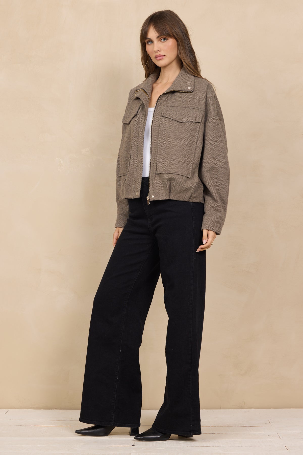 Mocha Herringbone Twill Bomber Jacket